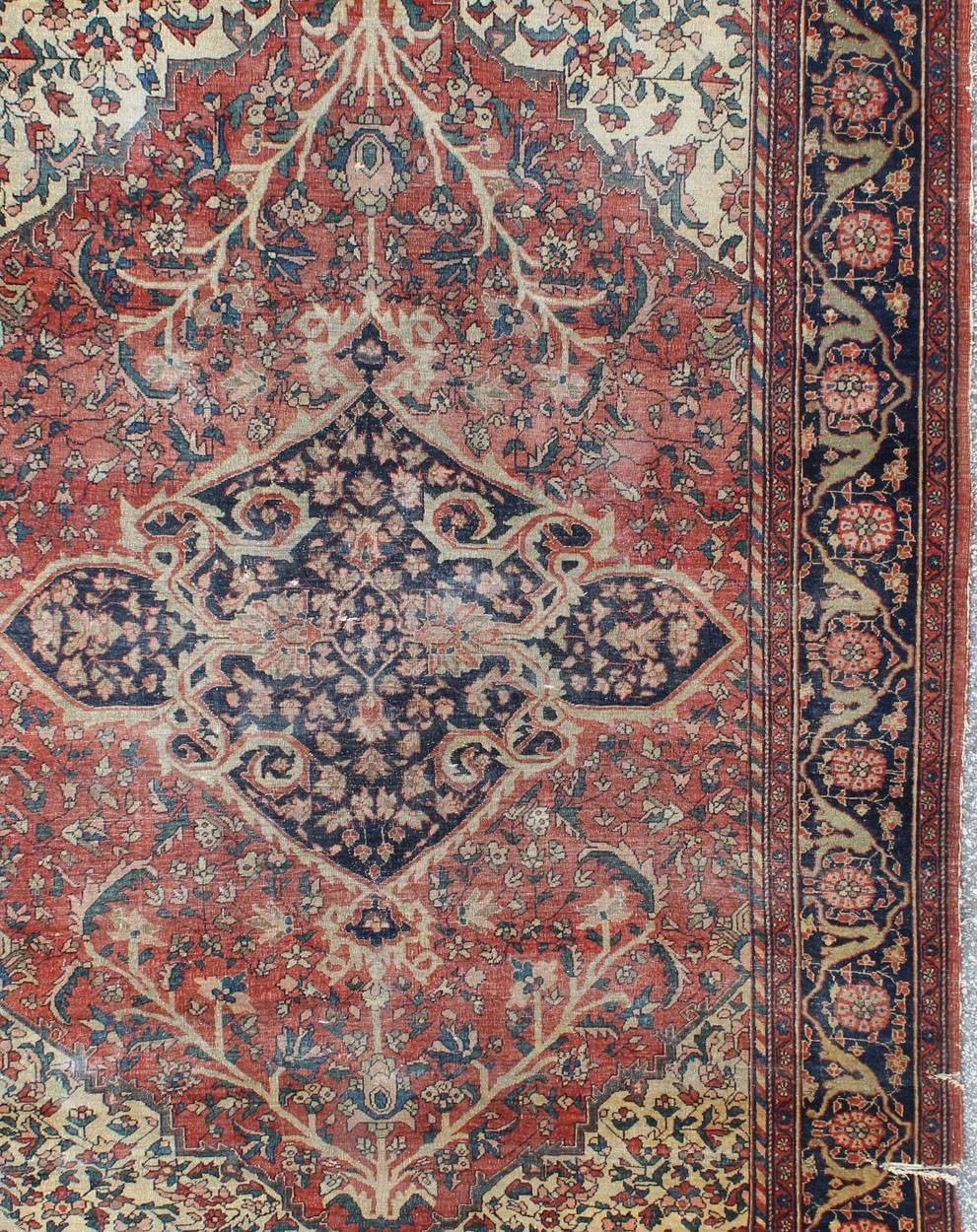 Hand-Knotted Antique Sarouk Faraghan Persian Rug with Florals in Navy, Red and Cream