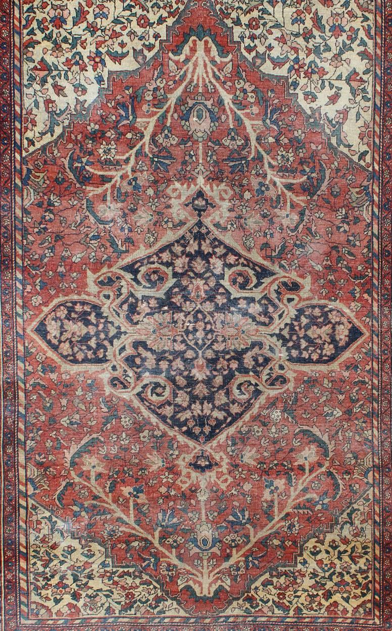 Sarouk Farahan Antique Sarouk Faraghan Persian Rug with Florals in Navy, Red and Cream