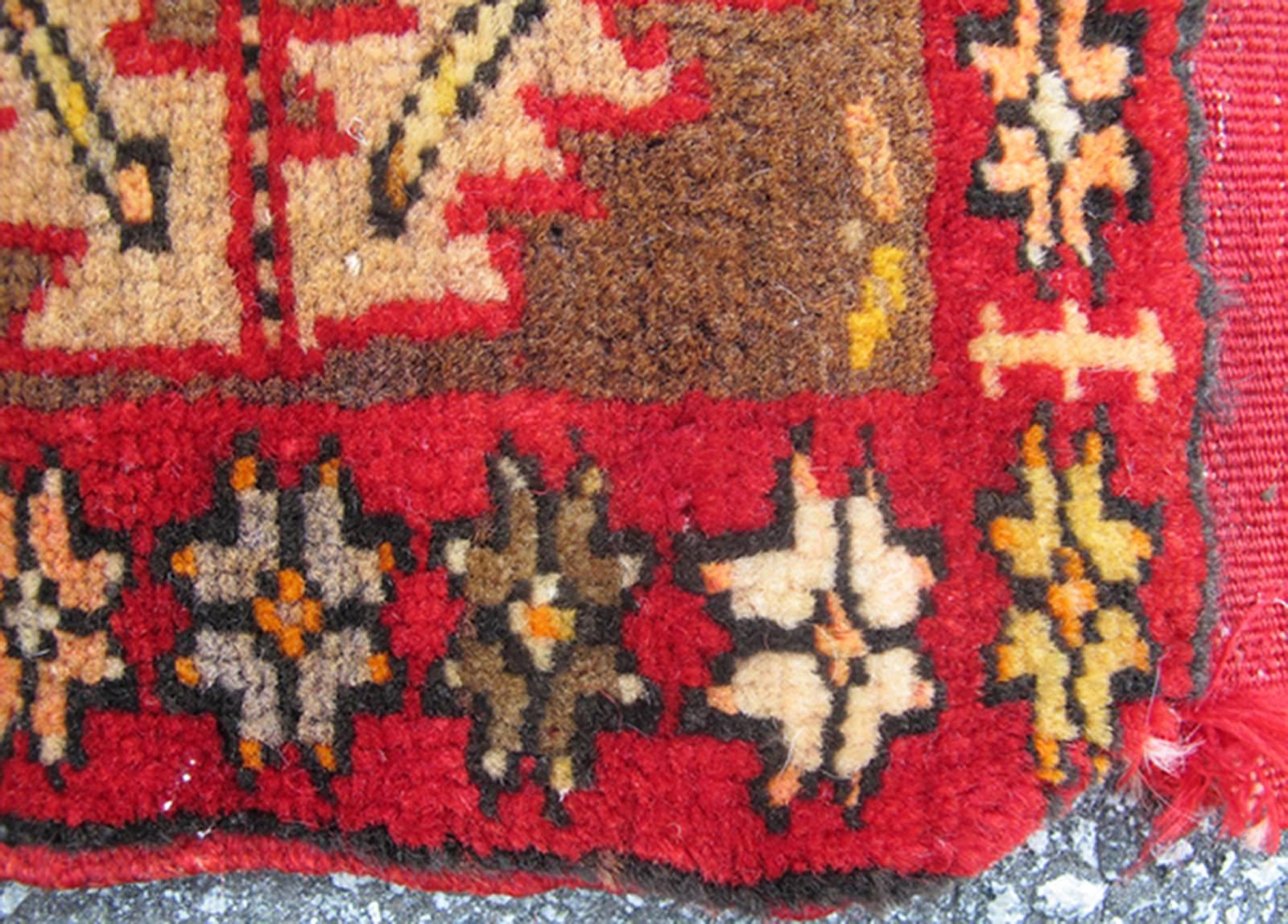 This item includes a pair (two) of Turkish rugs rendered in colors of coral, yellow and brown. There is some wear on the edges of these pieces, consistent with their age.
Each one measures: 1.0 x 1.7
This measurement does not include the flat-weave
