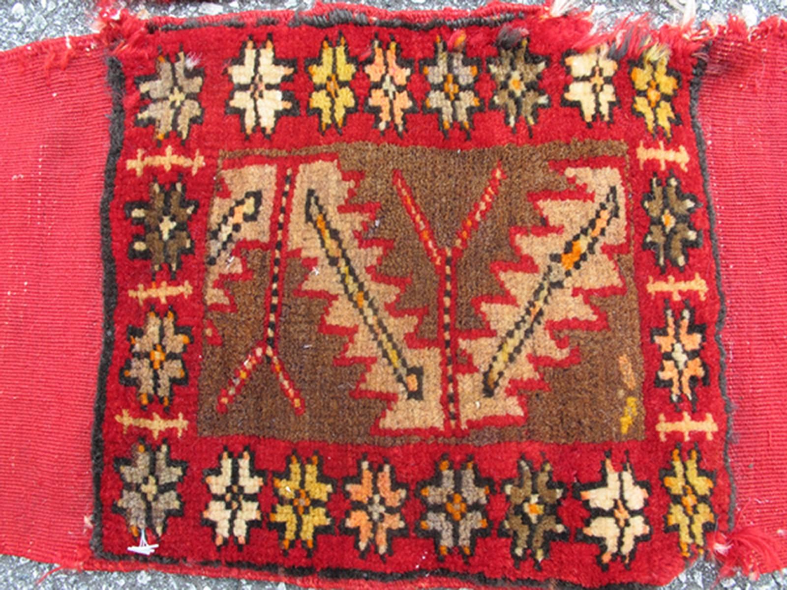 Tribal Pair of Antique Turkish Sampler Rugs with Coral, Yellow and Brown Colors For Sale