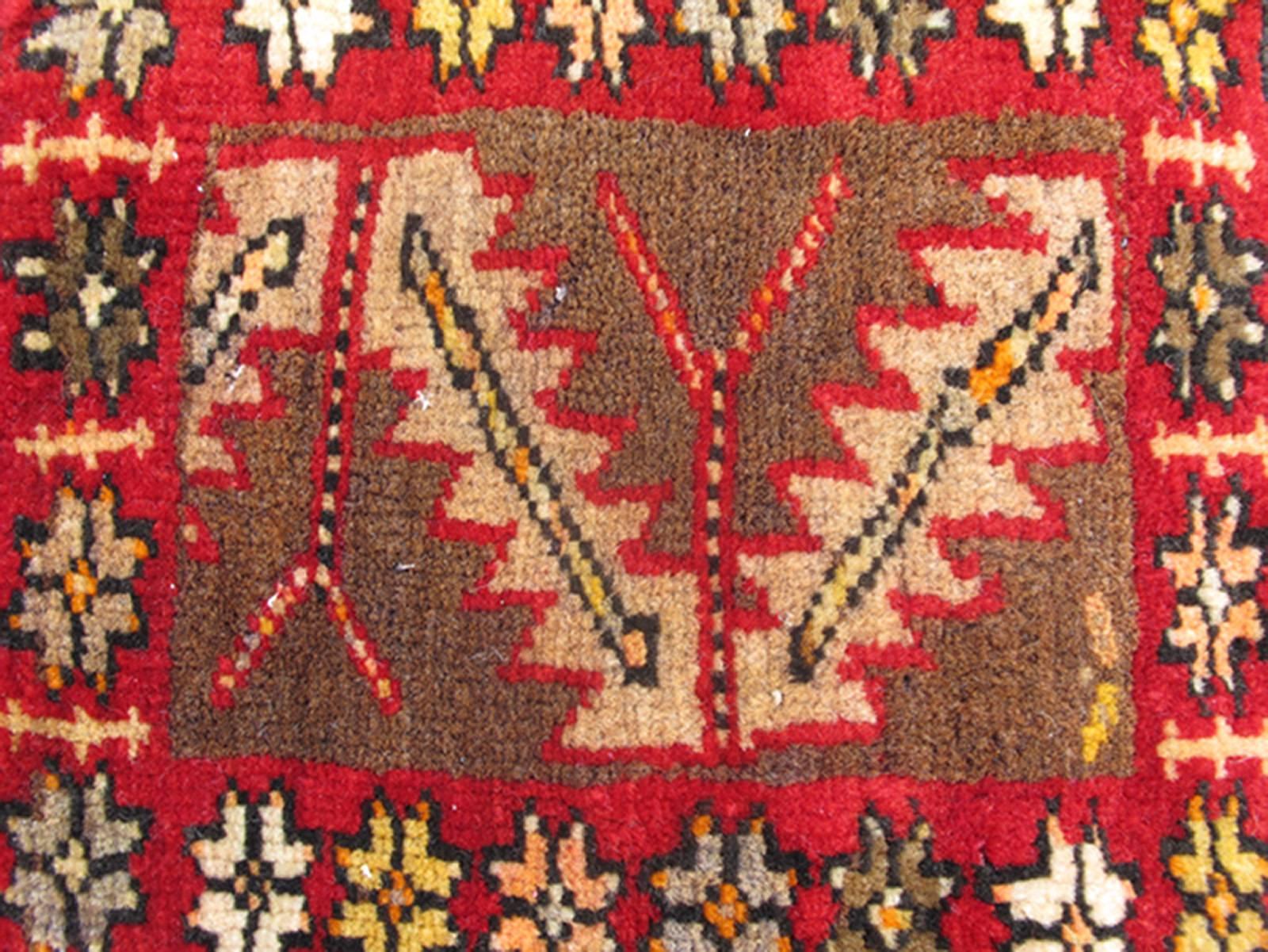 Hand-Knotted Pair of Antique Turkish Sampler Rugs with Coral, Yellow and Brown Colors For Sale