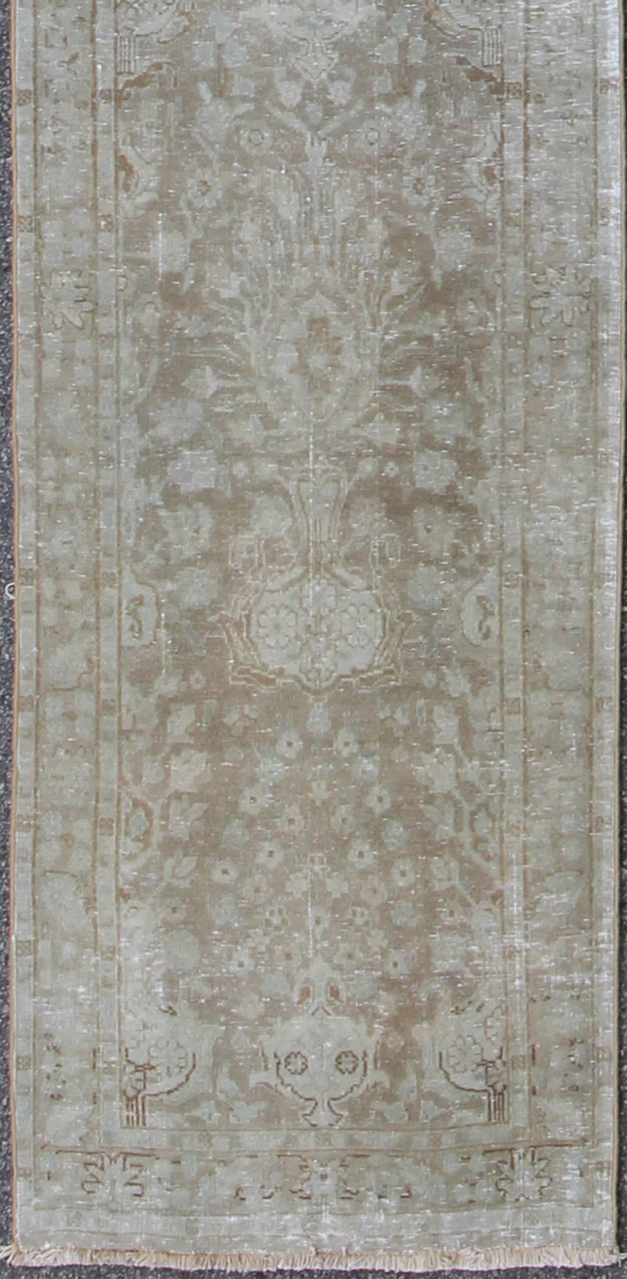 Persian Long & Narrow Vintage Tabriz Runner with Taupe, Soft Blue and Light Brown  For Sale
