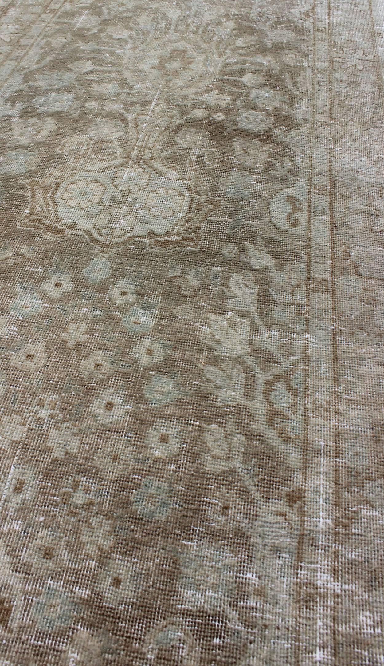 Long & Narrow Tabriz Runner with Taupe, Soft Blue and Light Brown Floral Design. rug/ KBE-H-503-09. Vintage Tabriz runner This antique Persian Tabriz runner with a sophisticated design features a unique color combination with tan, soft blue and