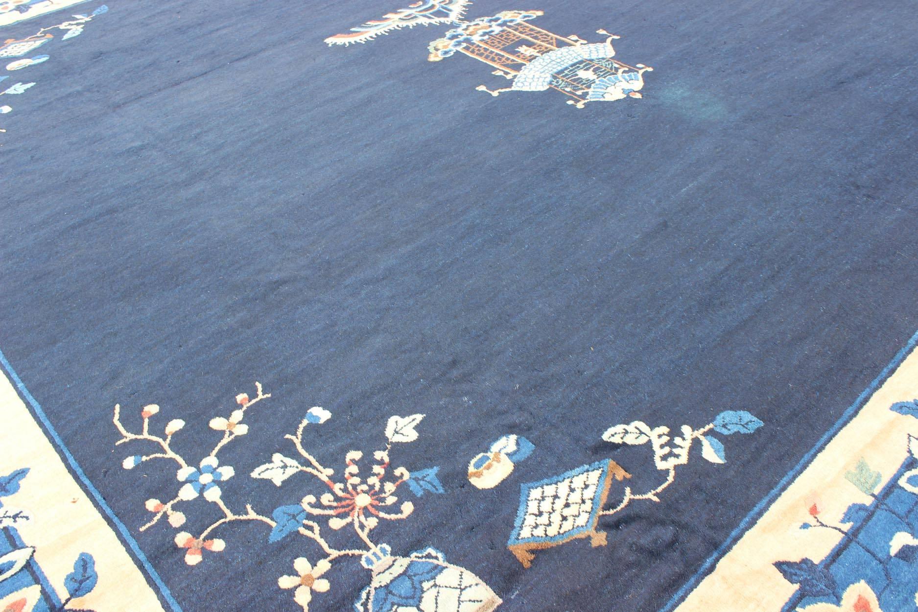 Hand-Knotted Large Chinese Rug in Sapphire Tones with Ornate Floral Motifs For Sale