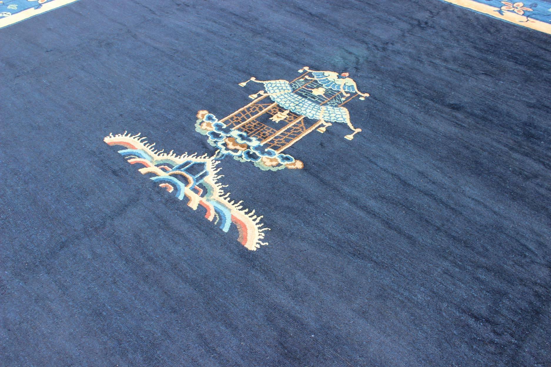 Large Chinese Rug in Sapphire Tones with Ornate Floral Motifs In Excellent Condition For Sale In Atlanta, GA