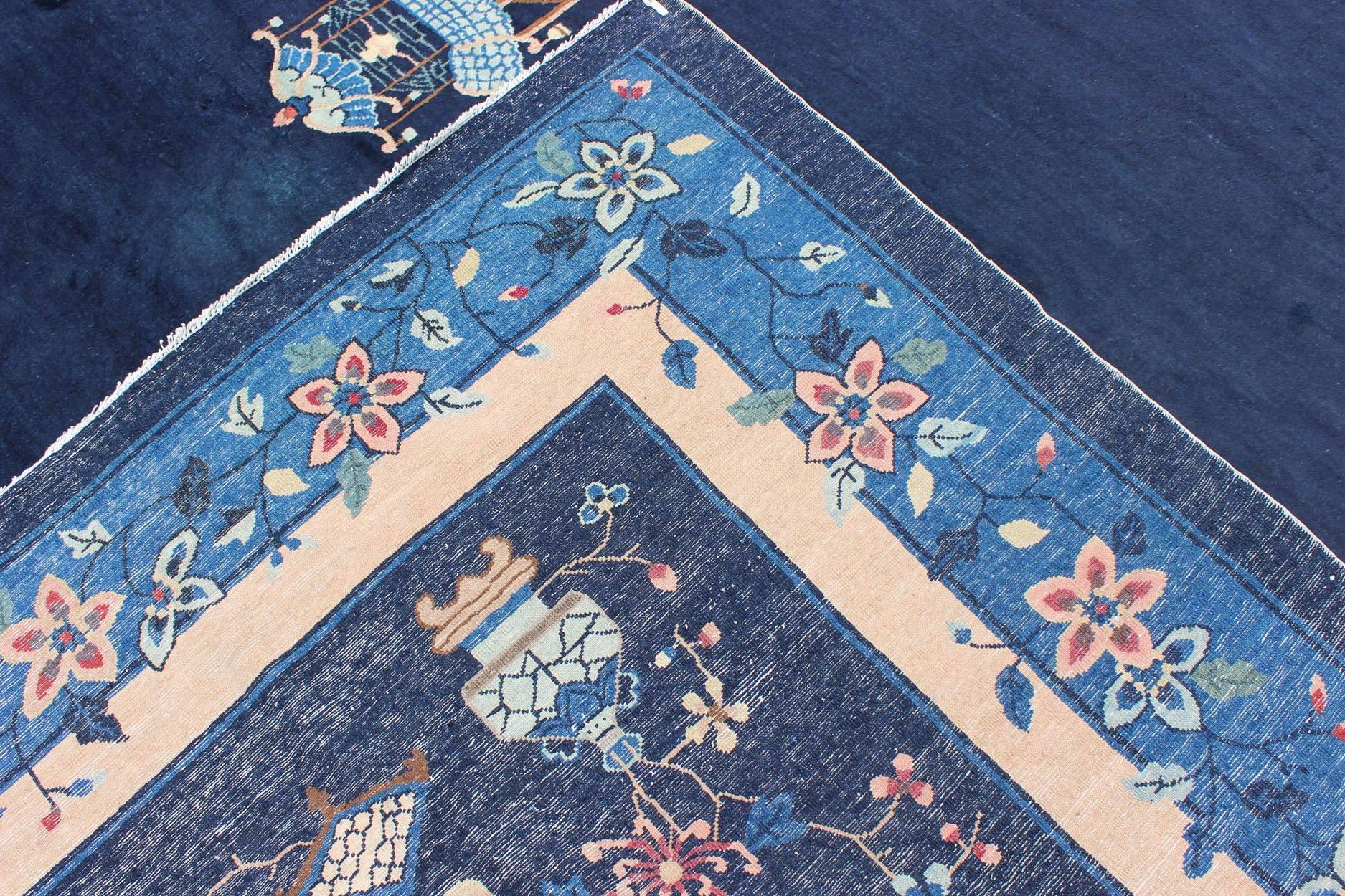 20th Century Large Chinese Rug in Sapphire Tones with Ornate Floral Motifs For Sale