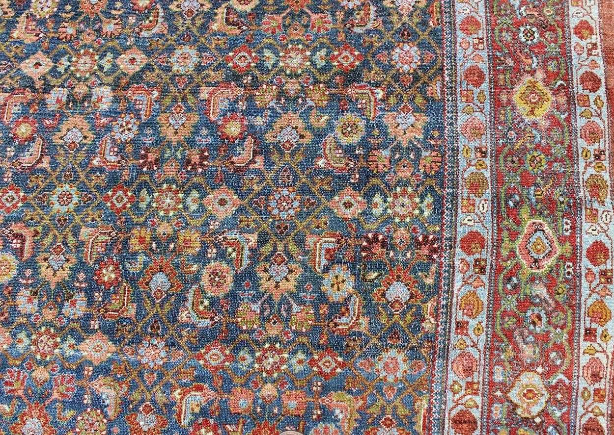 Early 20th Century Antique Hand Knotted Persian Malayer Rug All-Over Design on a Teal Background For Sale