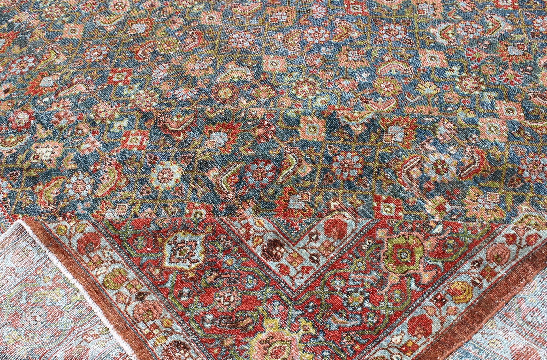 Antique Hand Knotted Persian Malayer Rug All-Over Design on a Teal Background For Sale 3