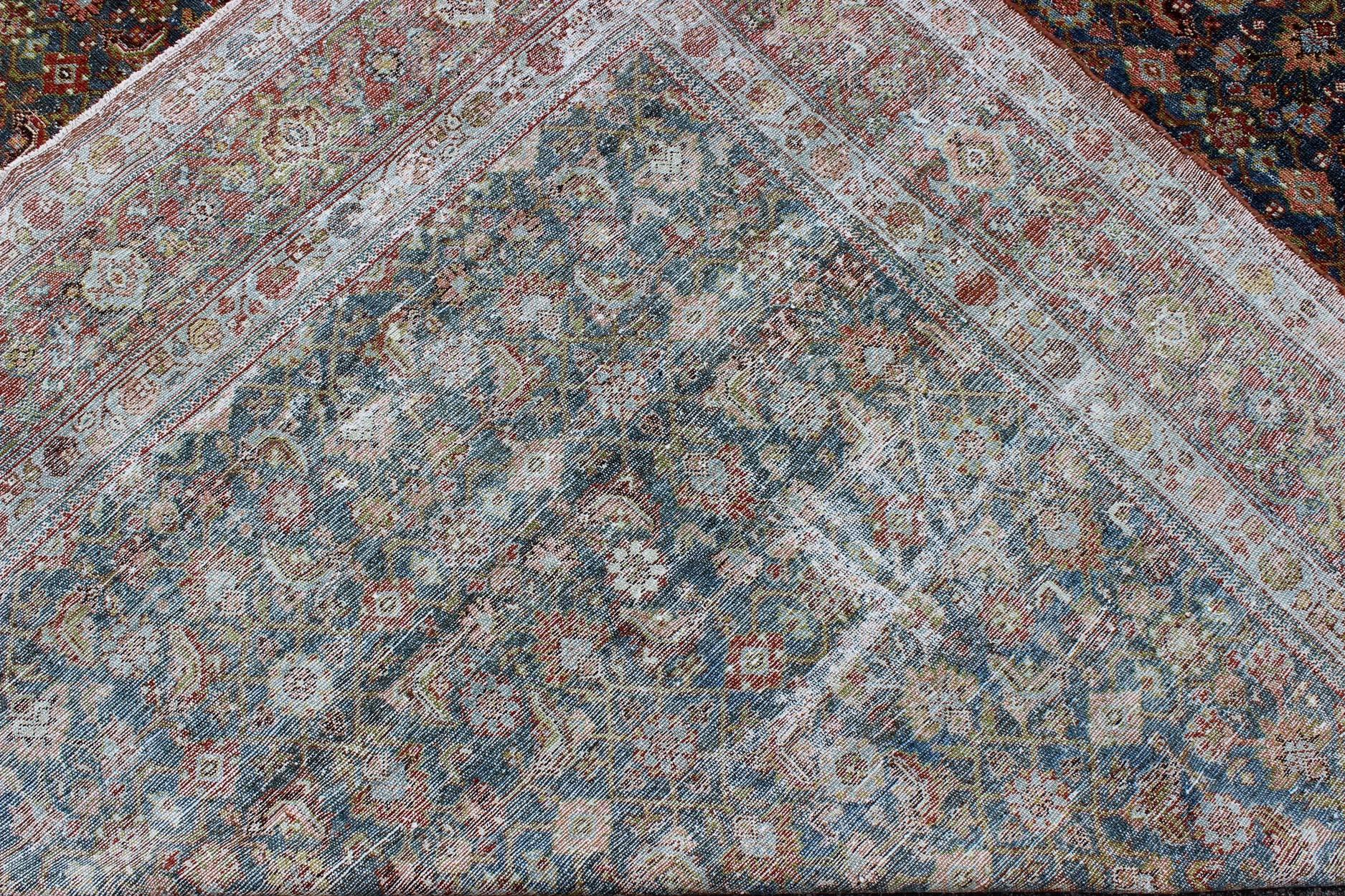 Antique Hand Knotted Persian Malayer Rug All-Over Design on a Teal Background For Sale 4
