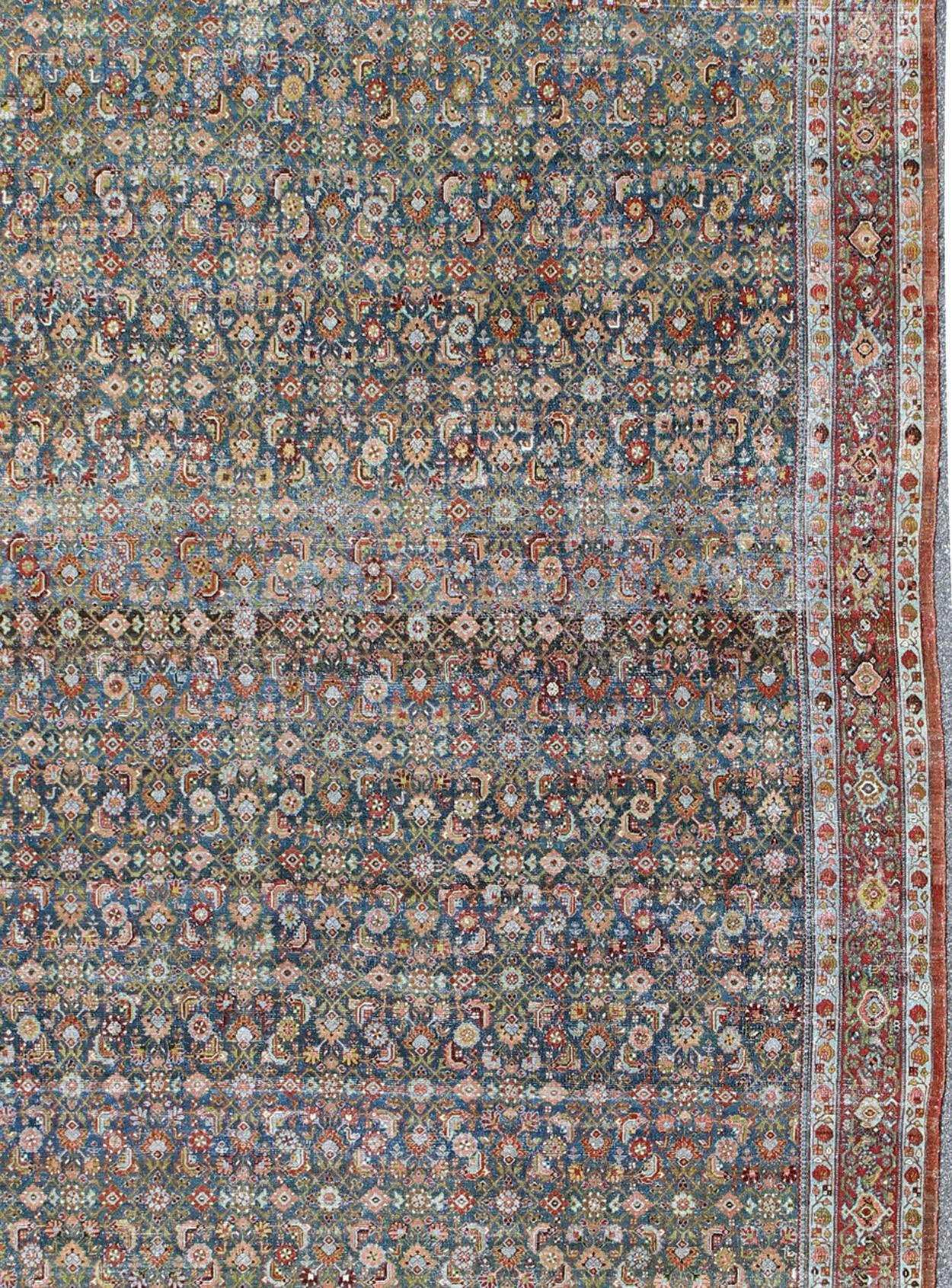 Antique Hand Knotted Persian Malayer Rug All-Over Design on a Teal Background In Good Condition For Sale In Atlanta, GA