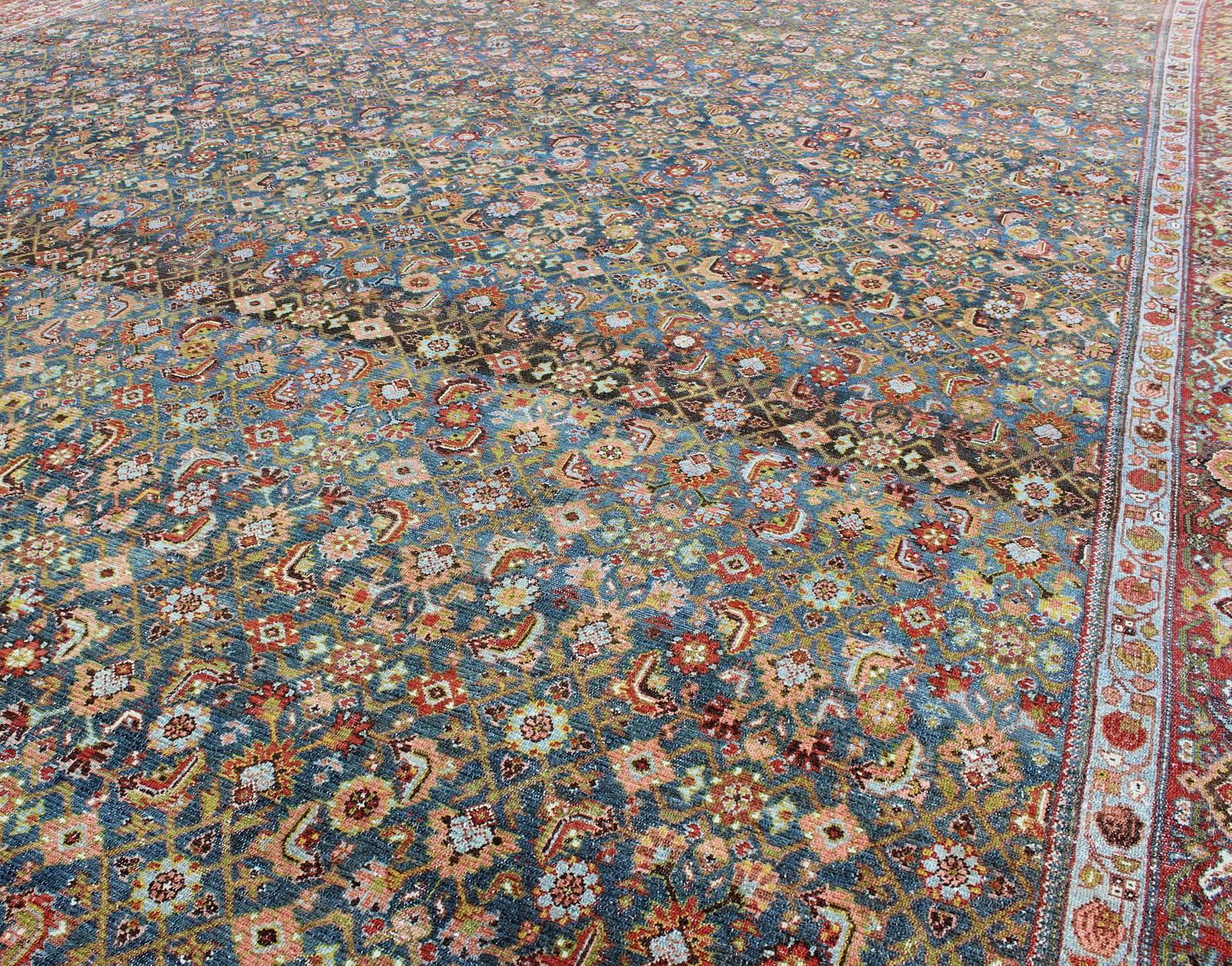 Antique Hand Knotted Persian Malayer Rug All-Over Design on a Teal Background For Sale 2