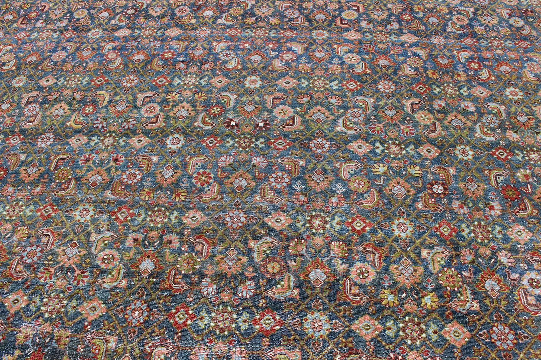 Wool Antique Hand Knotted Persian Malayer Rug All-Over Design on a Teal Background For Sale