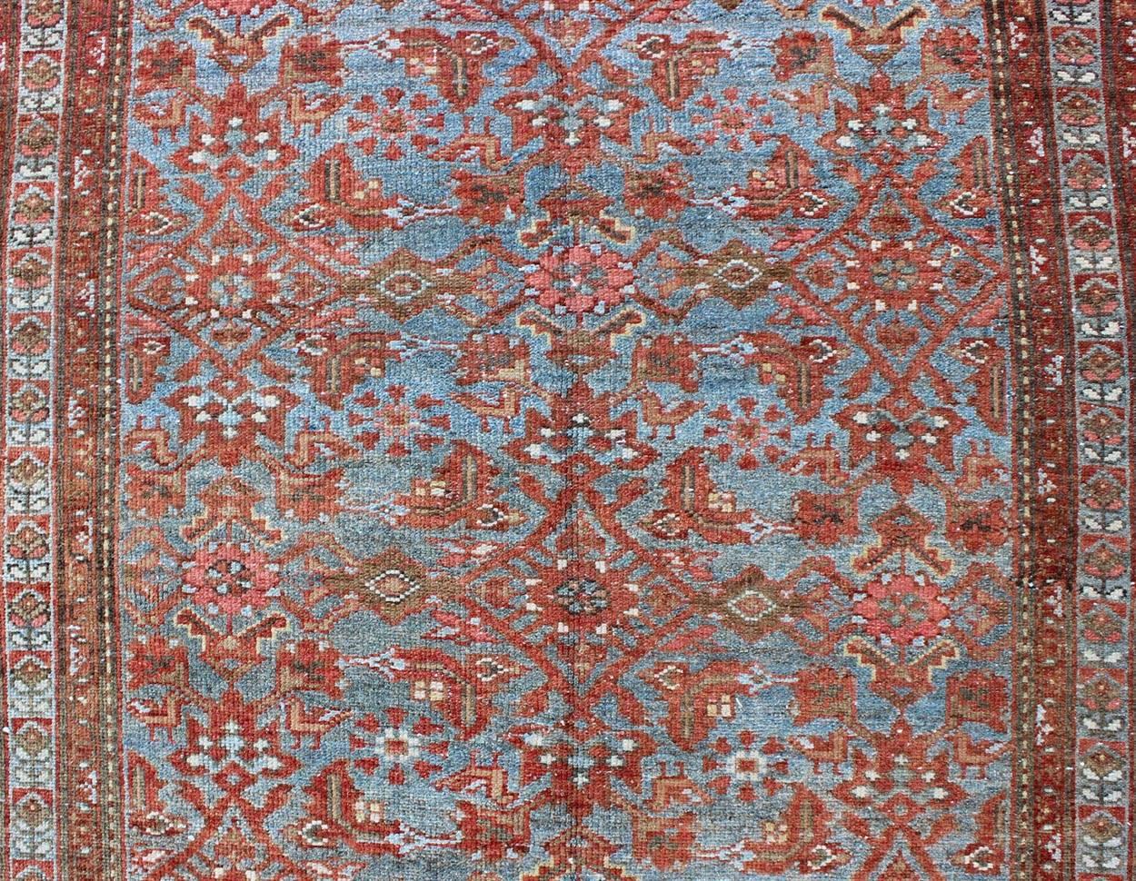 Wool Persian Malayer Runner with Sub-Geometric Design in Blue, Red and Taupe For Sale