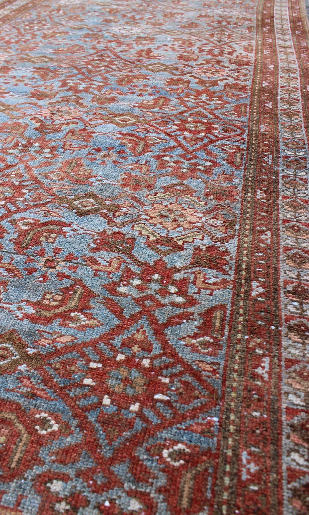 Mid-20th Century Persian Malayer Runner with Sub-Geometric Design in Blue, Red and Taupe For Sale