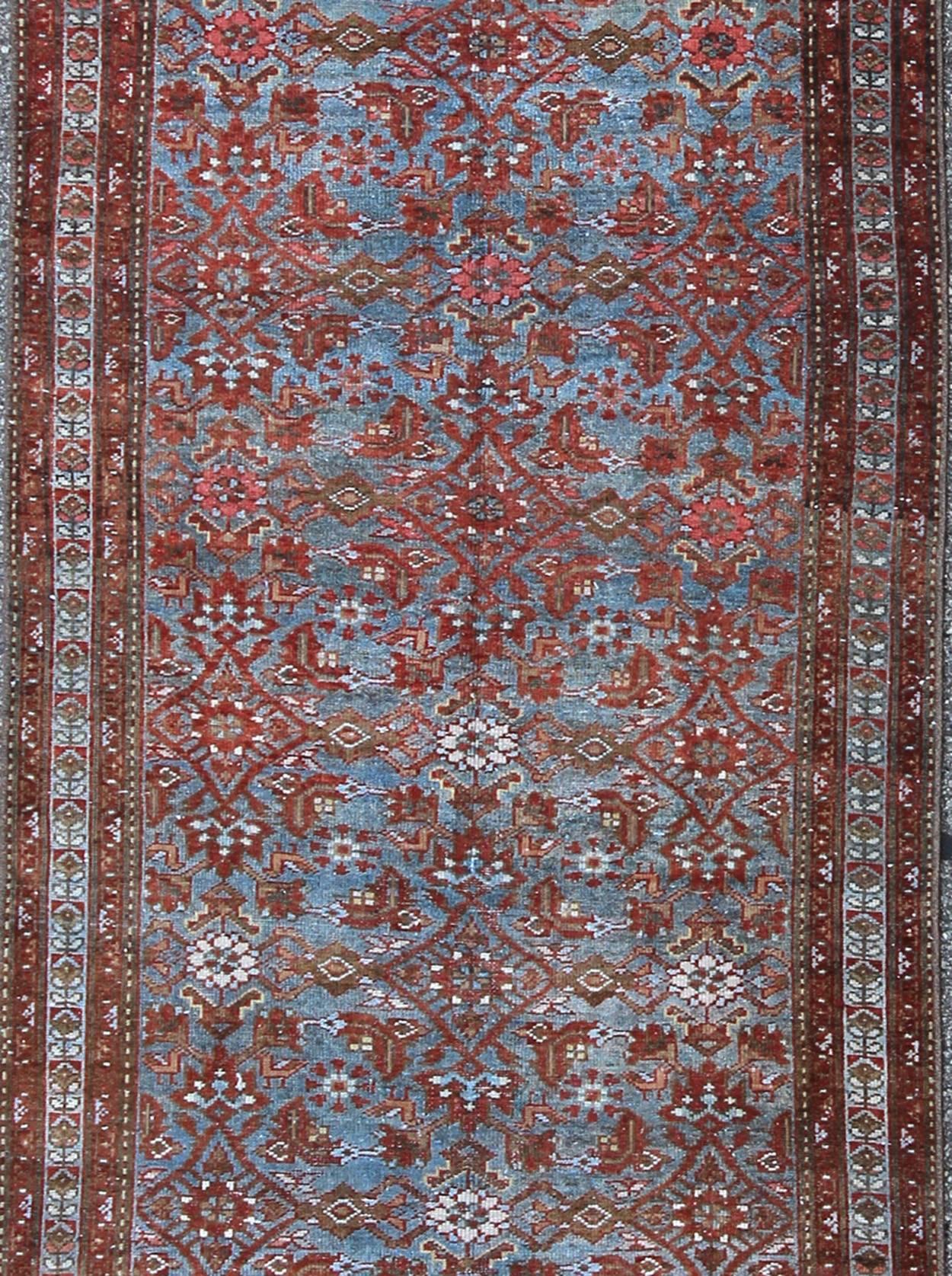 Persian Malayer Runner with Sub-Geometric Design in Blue, Red and Taupe In Excellent Condition For Sale In Atlanta, GA