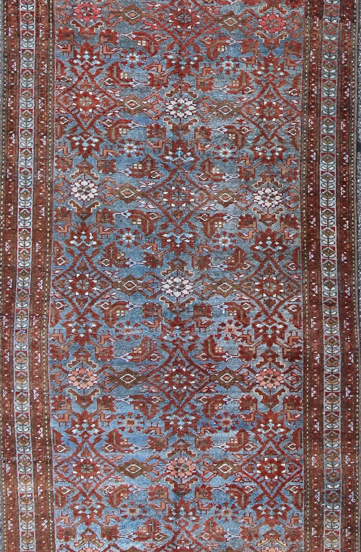 Hand-Knotted Persian Malayer Runner with Sub-Geometric Design in Blue, Red and Taupe For Sale