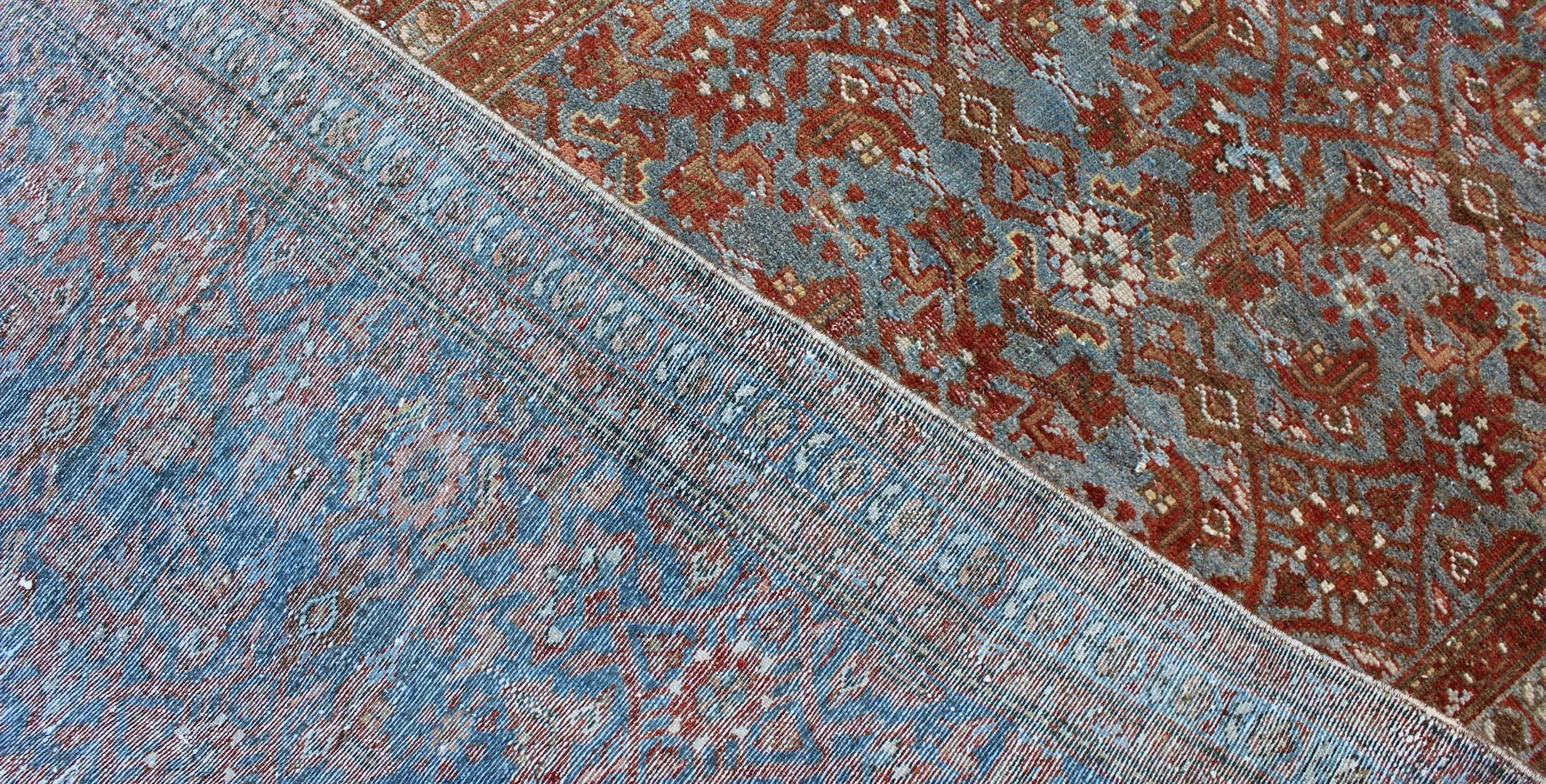 Persian Malayer Runner with Sub-Geometric Design in Blue, Red and Taupe For Sale 1