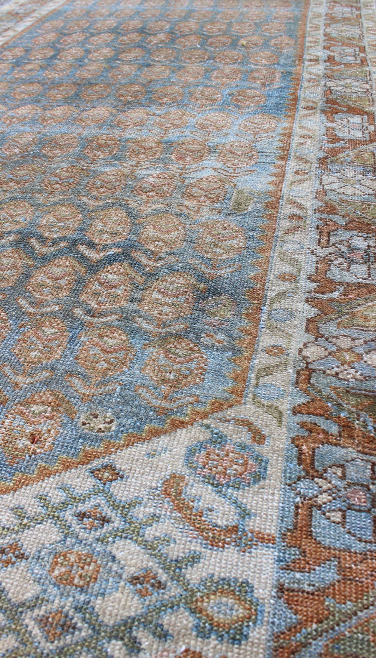 Wool Long Persian Malayer Runner with Paisley and Botanical Motifs in Blue and Green For Sale