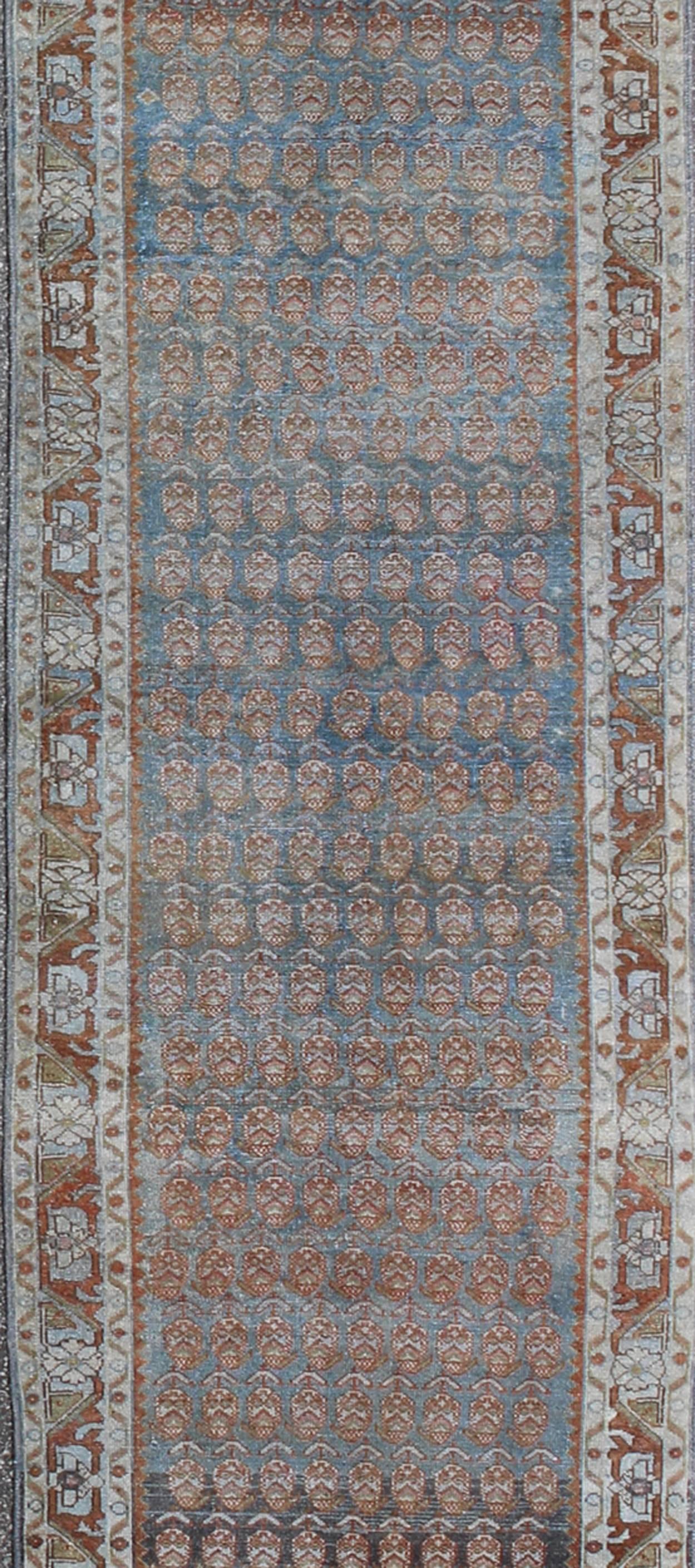 Hand-Knotted Long Persian Malayer Runner with Paisley and Botanical Motifs in Blue and Green For Sale
