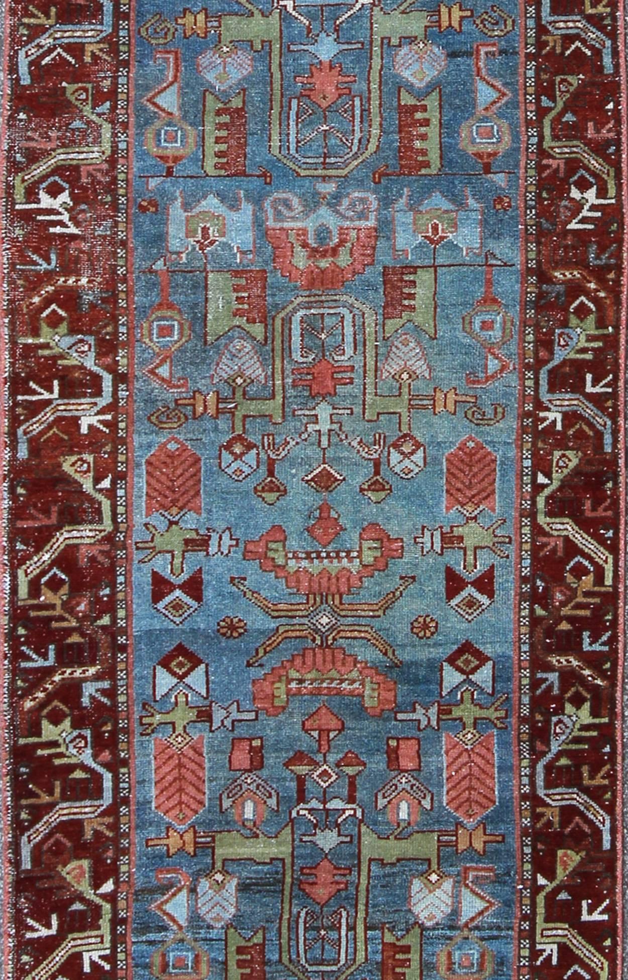 Hand-Knotted Persian Malayer Runner with Sub-Geometric Tribal Design in Blue, Red and Green For Sale