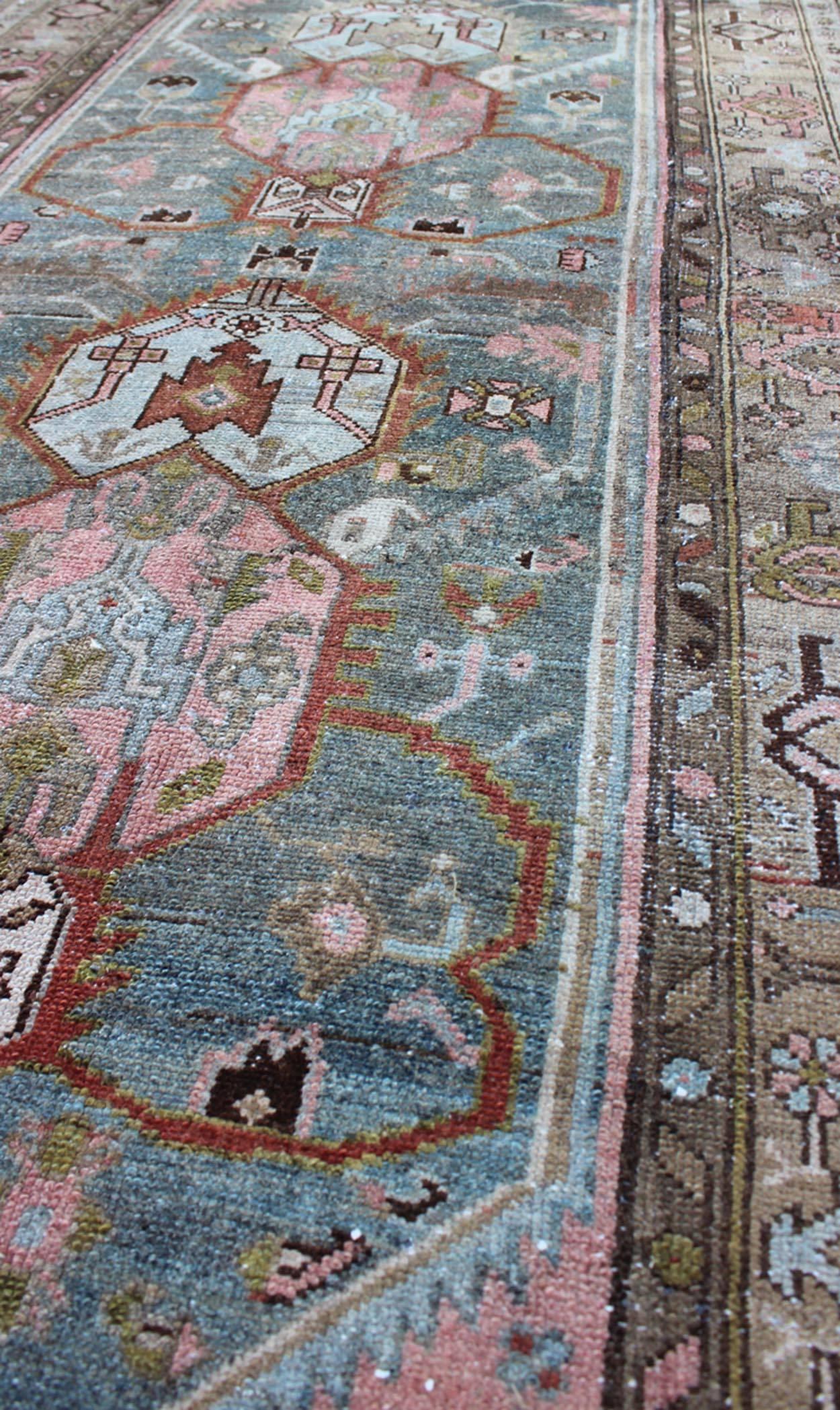 Early 20th Century Persian Malayer Runner with Beautiful Color Palette of Blue, Pink, Red and Taupe