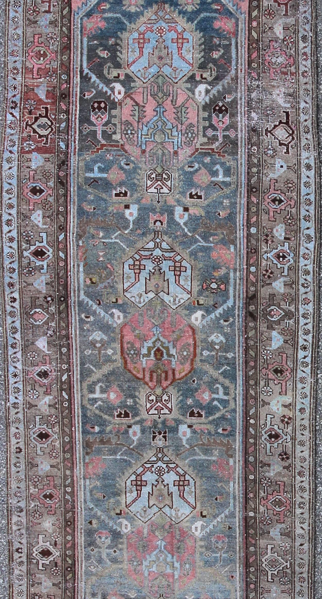 Hand-Knotted Persian Malayer Runner with Beautiful Color Palette of Blue, Pink, Red and Taupe