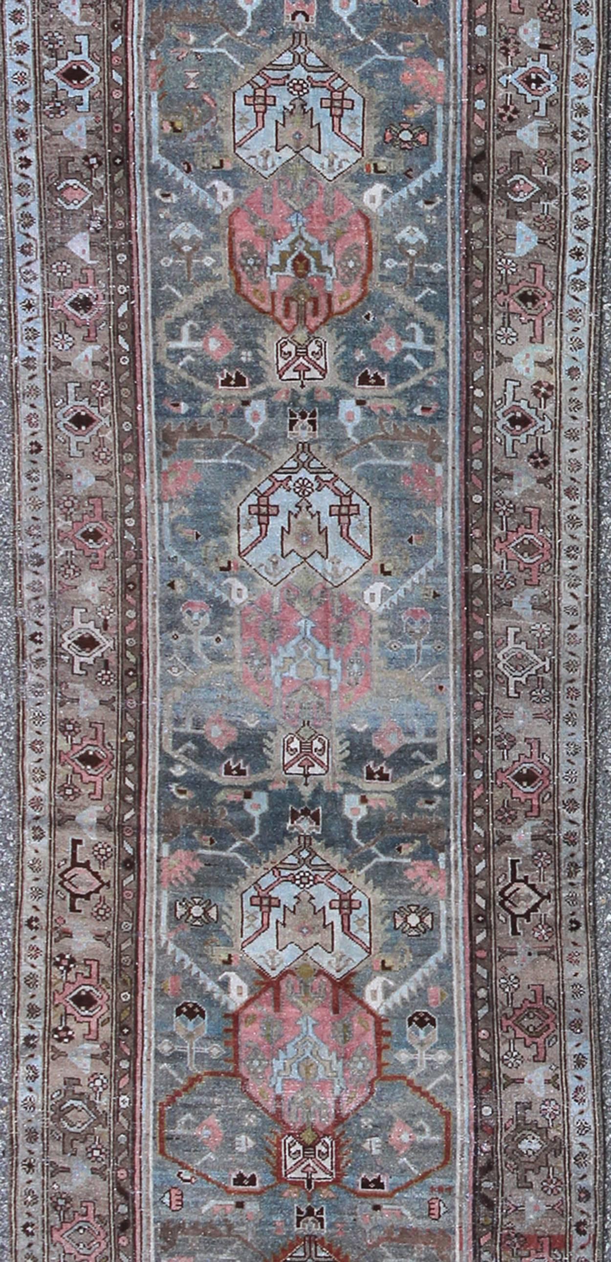 Persian Malayer Runner with Beautiful Color Palette of Blue, Pink, Red and Taupe In Excellent Condition In Atlanta, GA