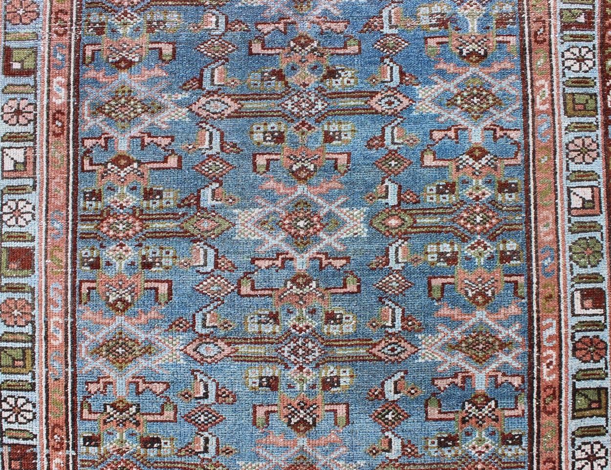 Early 20th Century Long Kurdish Runner with Blue, Red, Green and Salmon Pink In Excellent Condition For Sale In Atlanta, GA