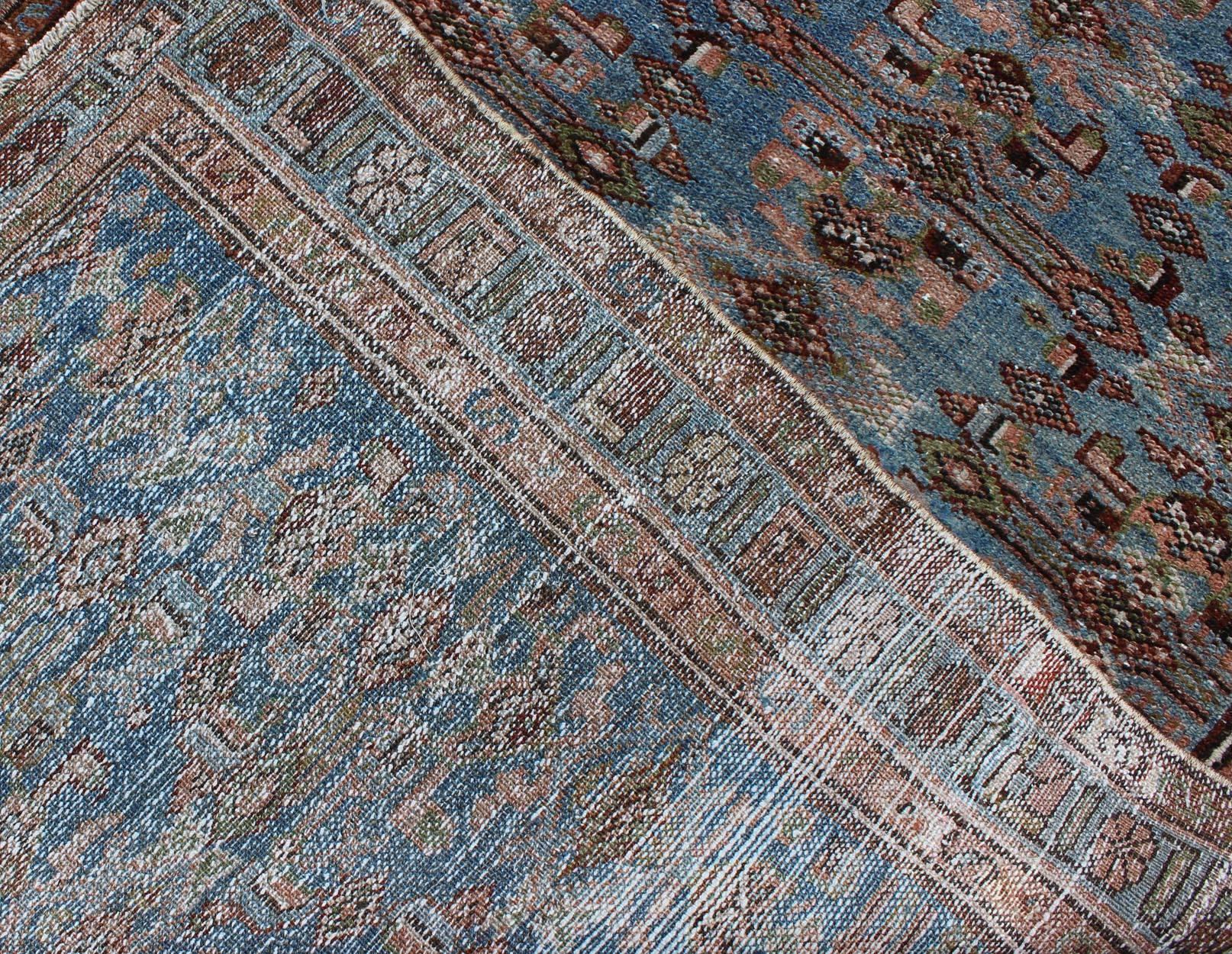 Wool Early 20th Century Long Kurdish Runner with Blue, Red, Green and Salmon Pink For Sale