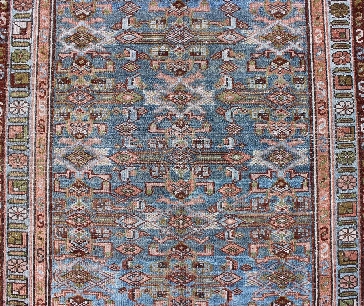 Early 20th Century Long Kurdish Runner with Blue, Red, Green and Salmon Pink For Sale 1