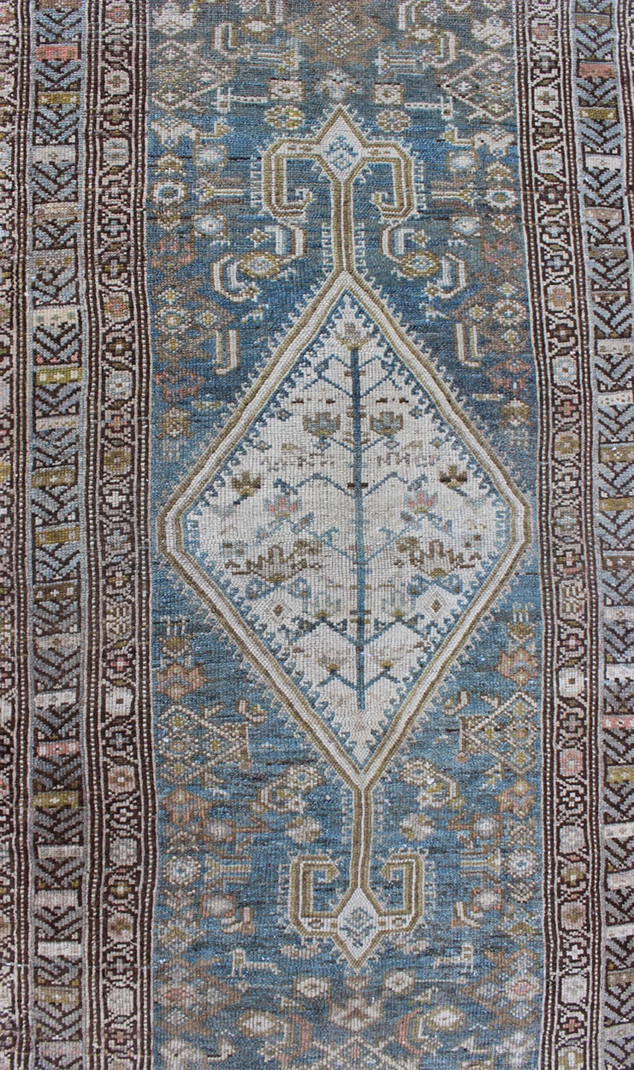 Wool Long Persian Malayer Runner with Free-Flowing Geometric Pattern and Blue Field For Sale
