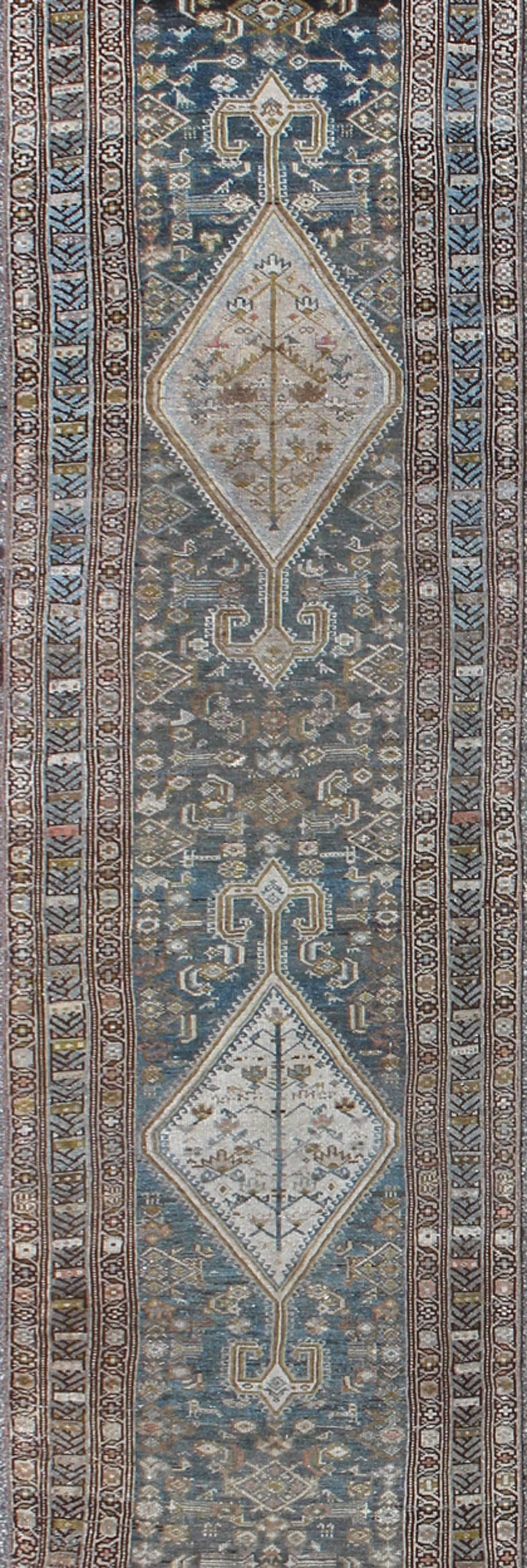 Hand-Knotted Long Persian Malayer Runner with Free-Flowing Geometric Pattern and Blue Field For Sale