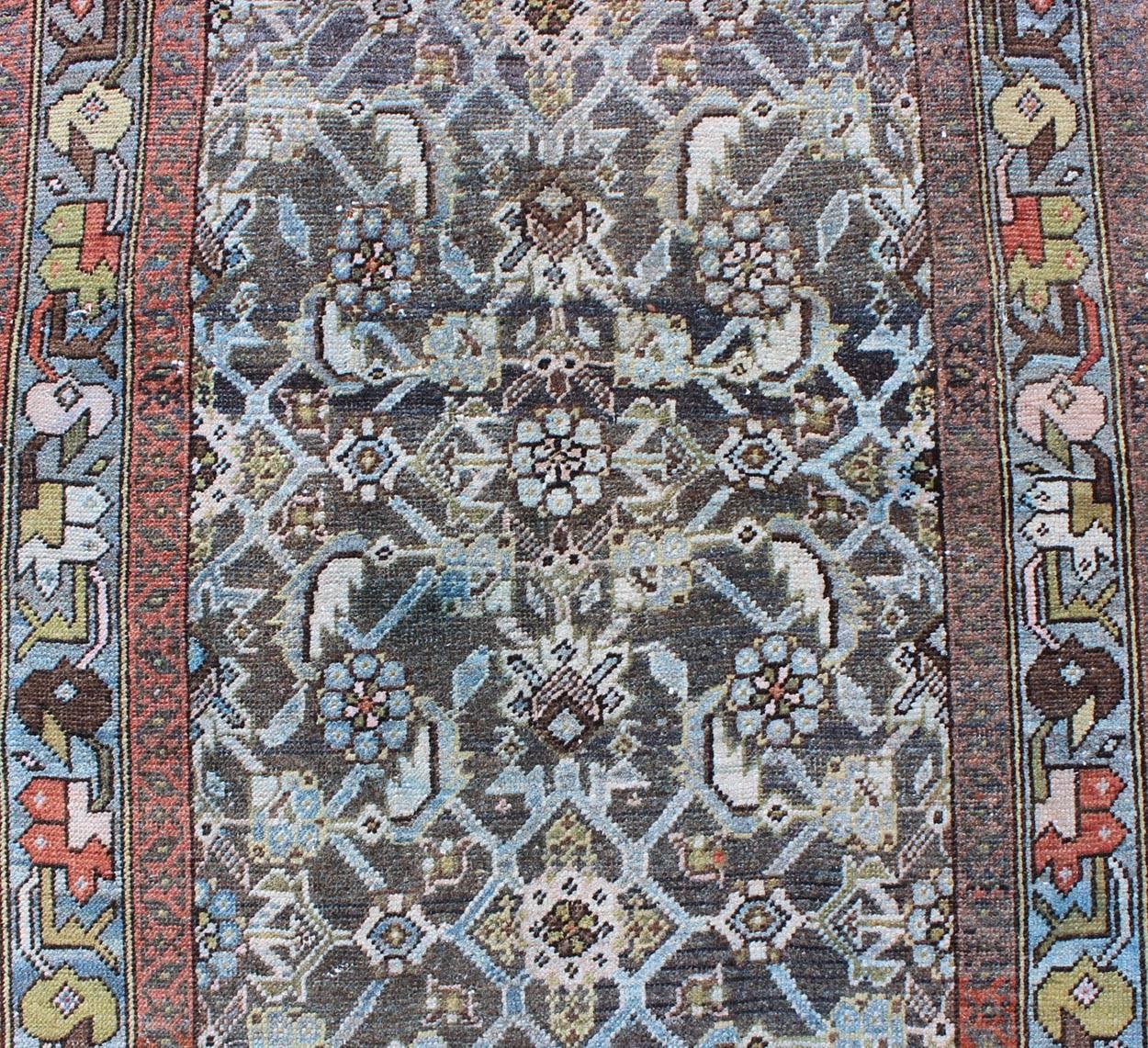 Hand-Knotted Early 20th Century Very Long Kurdish Runner with Dark/Light Blue, Red and Taupe For Sale