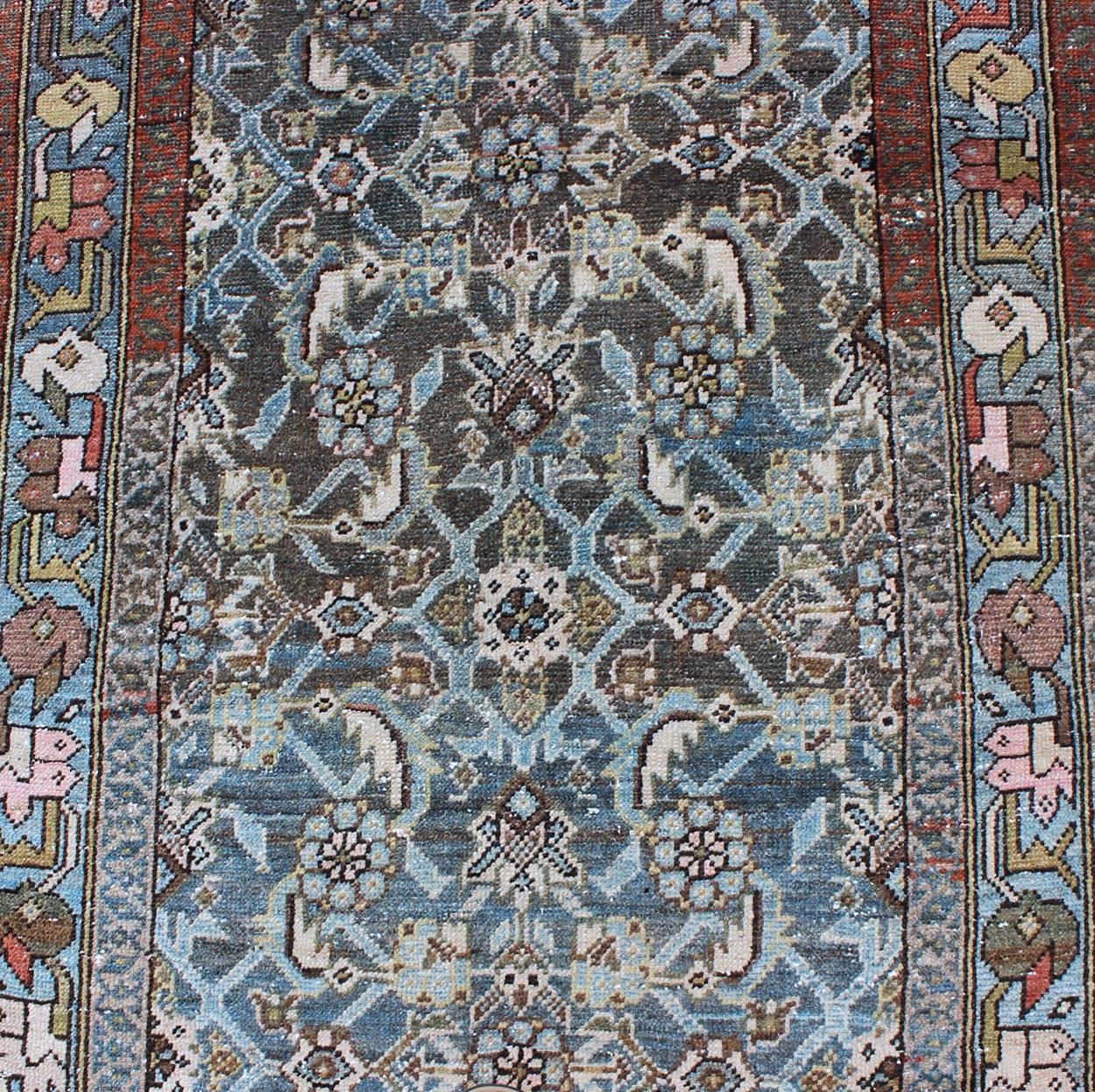 Wool Early 20th Century Very Long Kurdish Runner with Dark/Light Blue, Red and Taupe For Sale