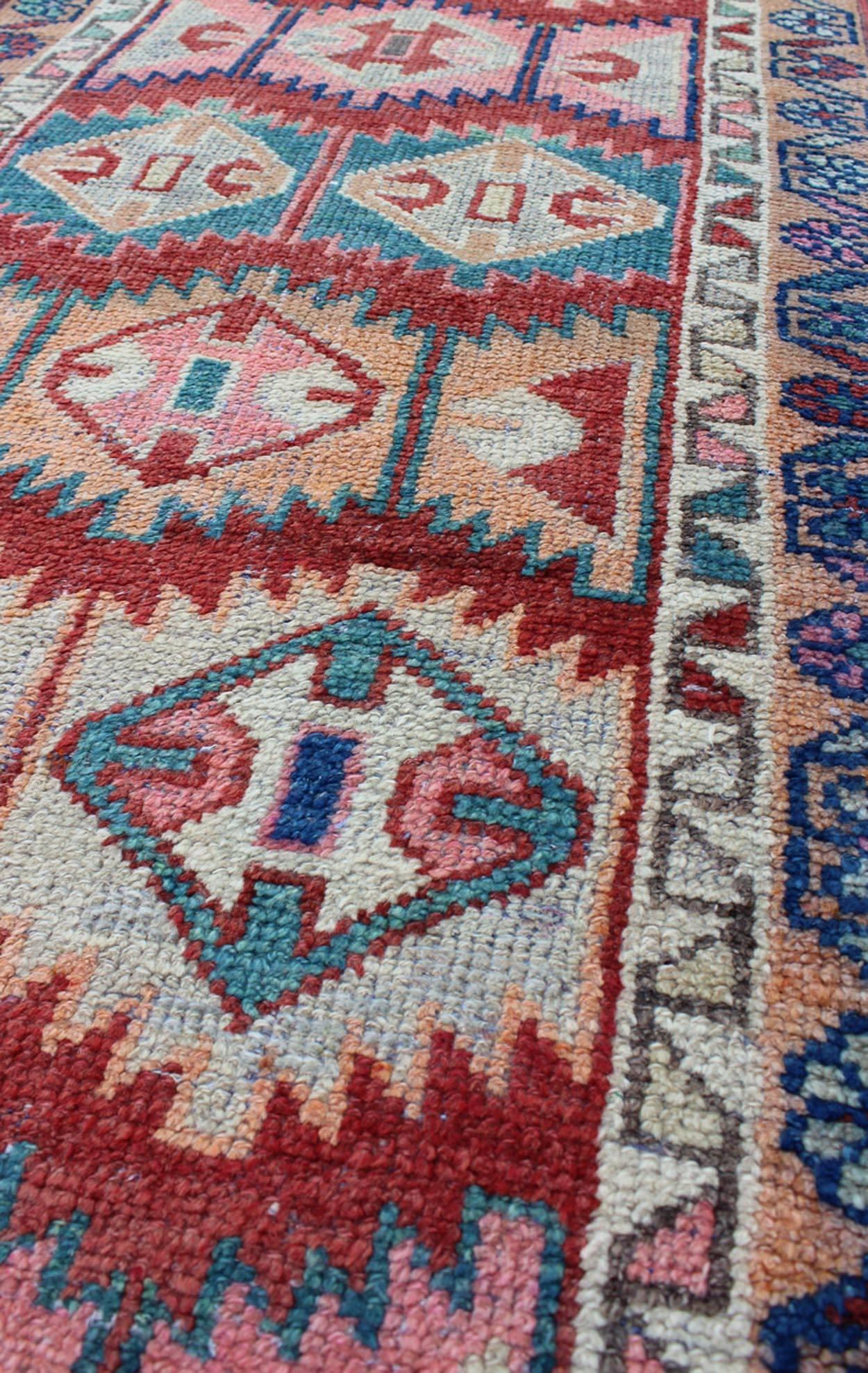 20th Century Unique and Colorful Turkish Oushak Runner with Intricate Geometric Pattern For Sale