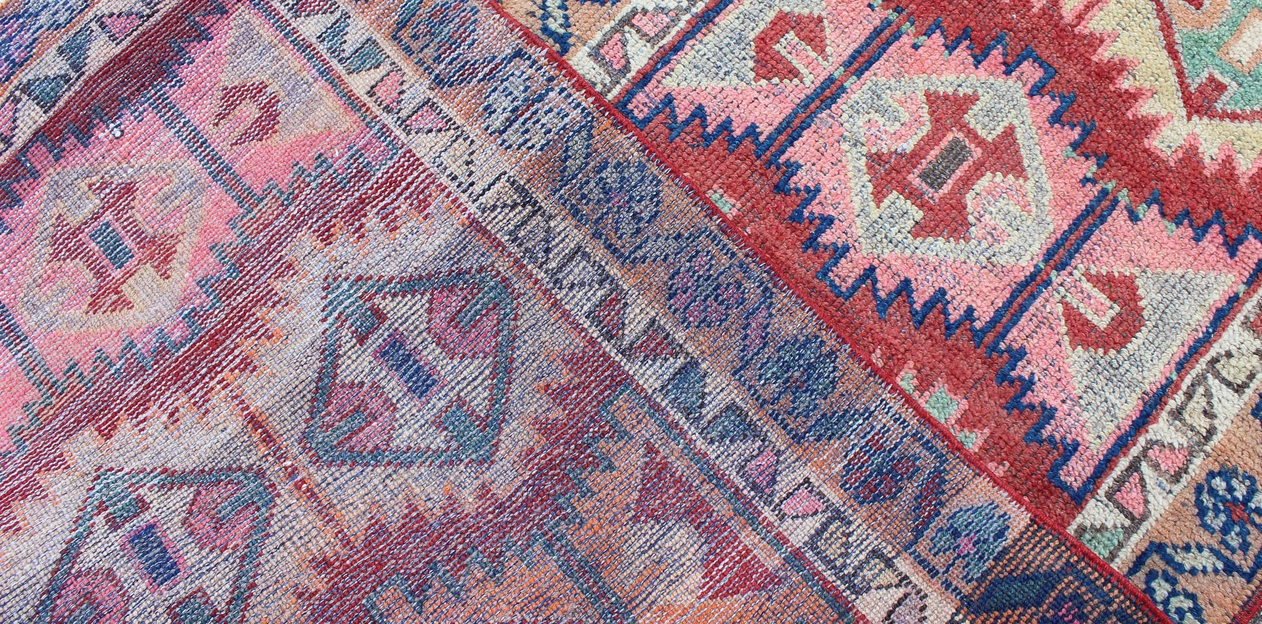 Unique and Colorful Turkish Oushak Runner with Intricate Geometric Pattern In Excellent Condition For Sale In Atlanta, GA