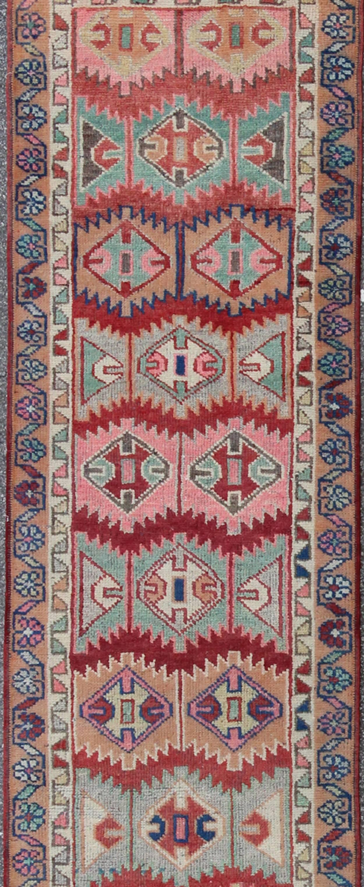 Hand-Knotted Unique and Colorful Turkish Oushak Runner with Intricate Geometric Pattern For Sale