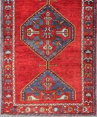 Colorful Turkish Oushak Gallery Runner in Various Shades of Red And Steel Blue