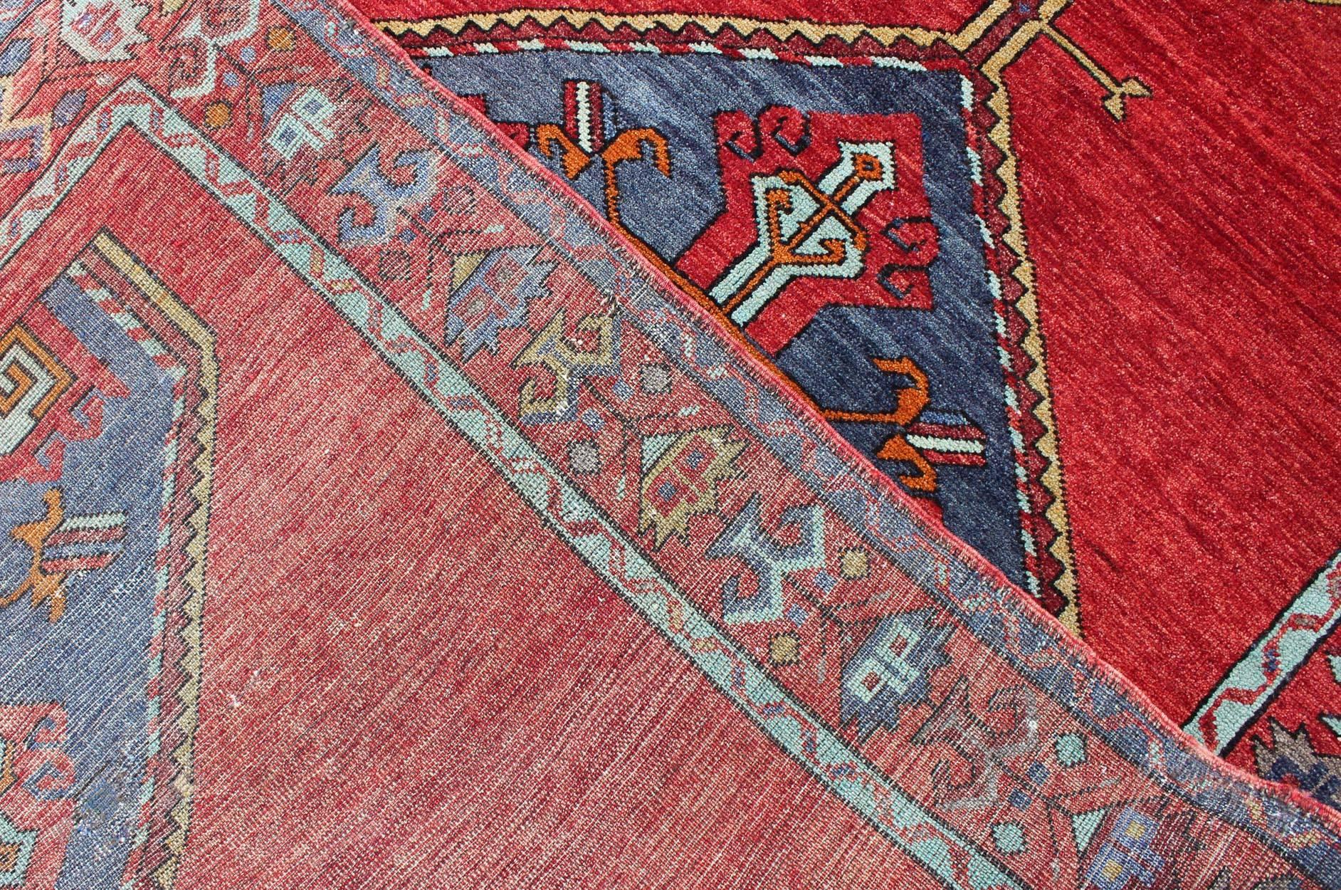 Wool Colorful Turkish Oushak Runner in Various Shades of Red, Blue, and Yellow For Sale