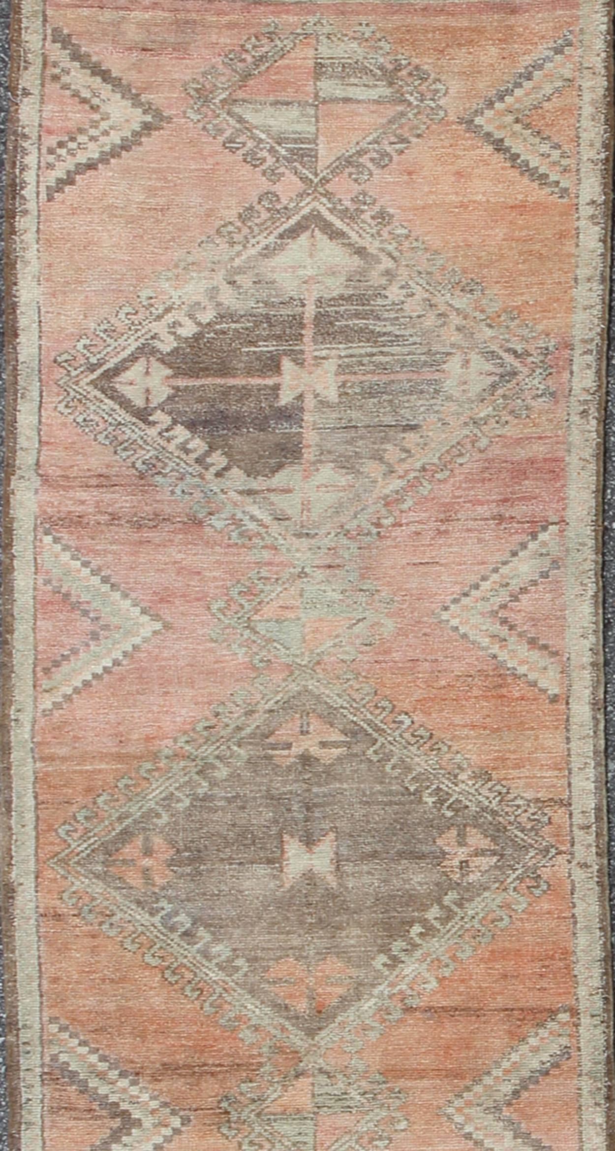 Hand-Knotted Turkish Oushak Runner with Multi-Medallions and Tribal Motifs in Brown and Red
