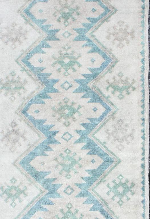 Turkish Tulu Runner with Seven Geometric Medallions in Muted Blue and