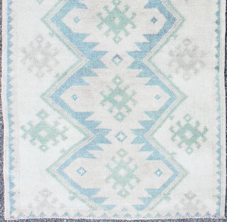 Turkish Tulu Runner with Seven Geometric Medallions in Muted Blue and