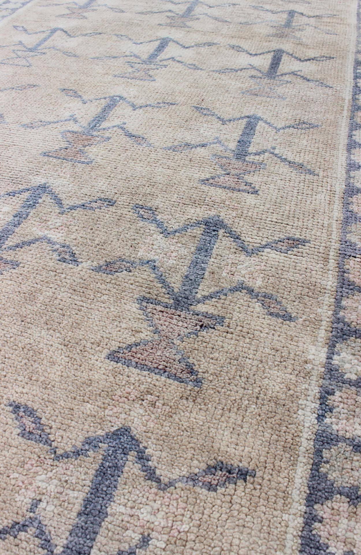 Wool Small Turkish Tulu Carpet with Blue Tribal Motifs in a Sand-Colored Field