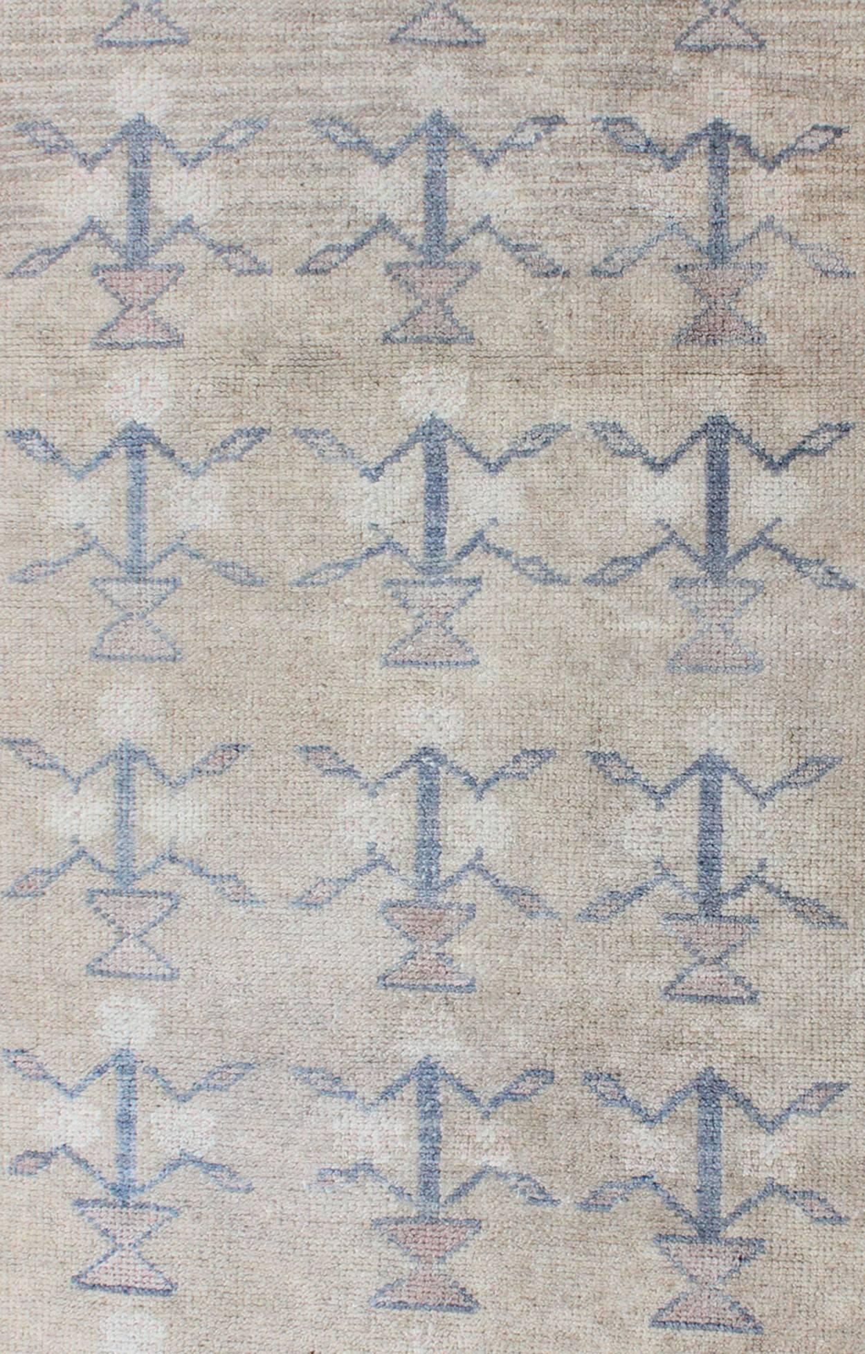 Hand-Knotted Small Turkish Tulu Carpet with Blue Tribal Motifs in a Sand-Colored Field