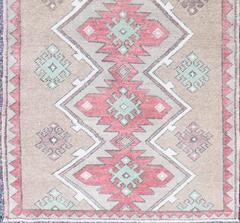 Turkish Tulu Runner With Geometric Medallions in Vivid Coral, Tan, Mint Green