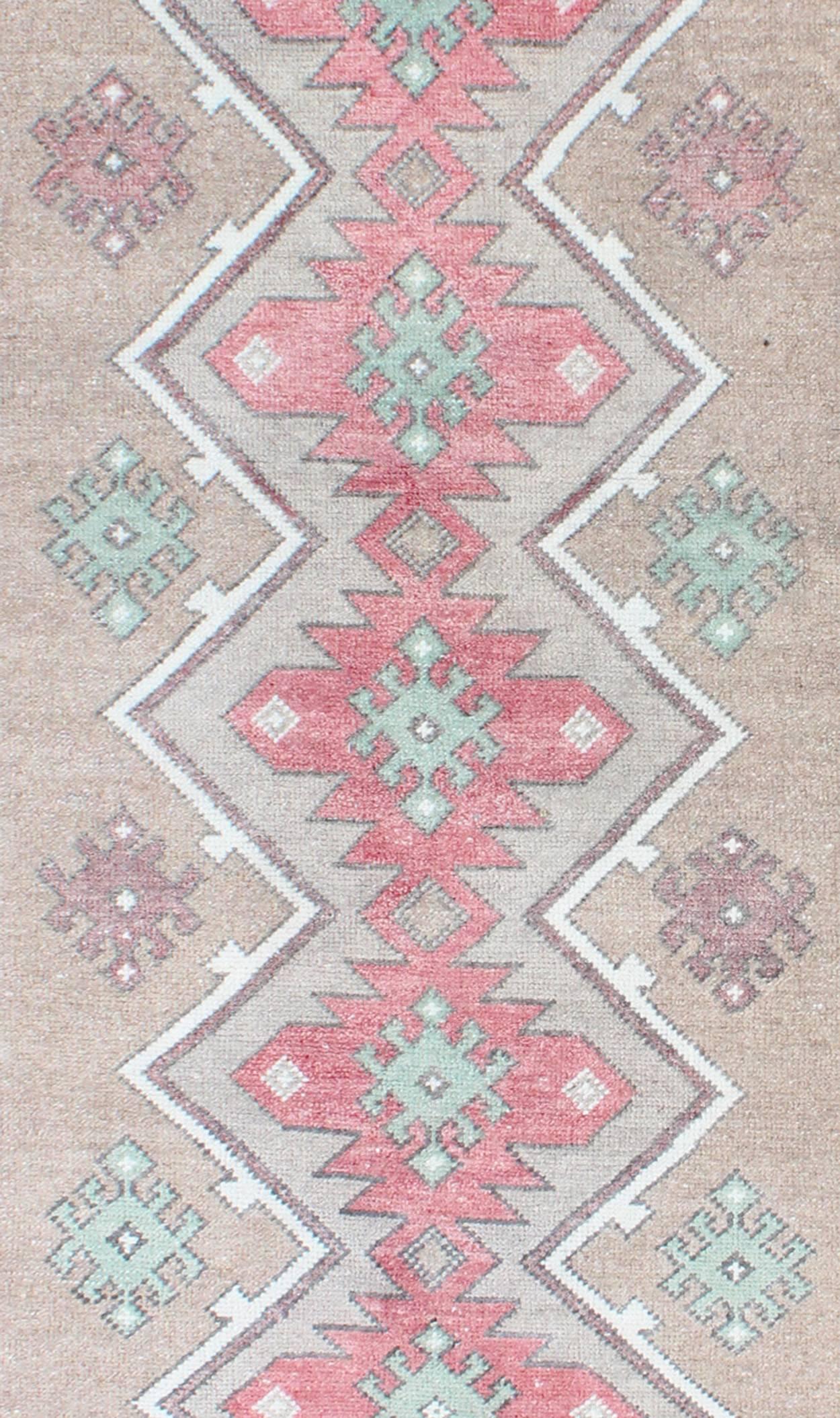 Hand-Knotted Turkish Tulu Runner With Geometric Medallions in Vivid Coral, Tan, Mint Green For Sale