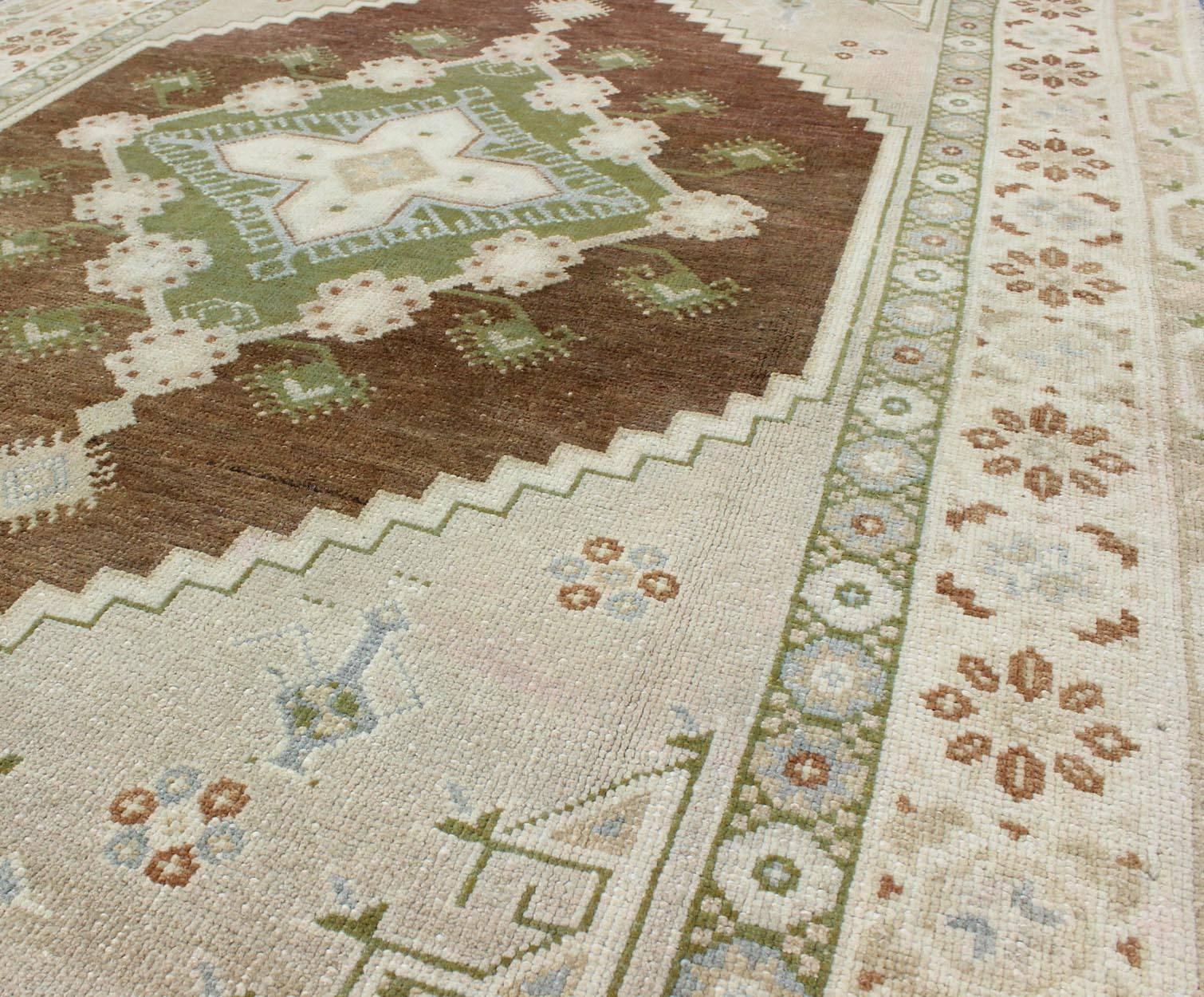 20th Century Vintage Turkish Oushak Rug with Diamond Medallions in Green, Taupe and Brown
