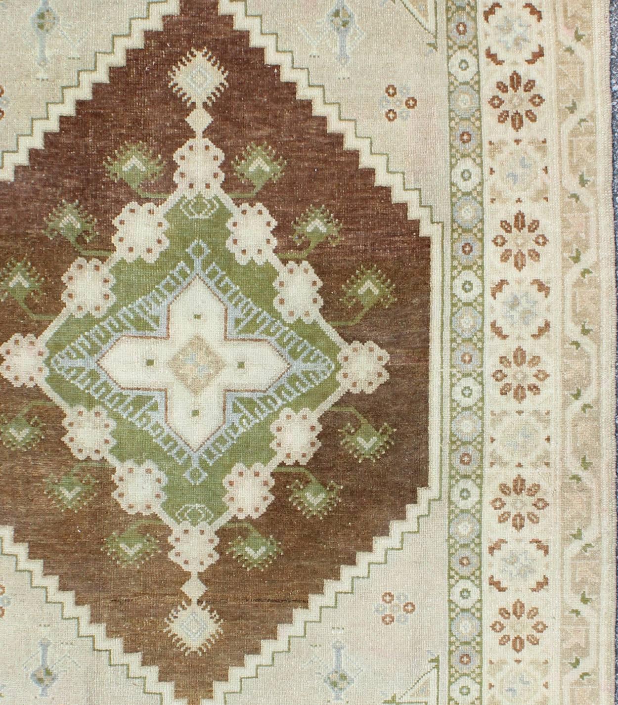 Vintage Turkish Oushak Rug with Diamond Medallions in Green, Taupe and Brown In Excellent Condition In Atlanta, GA