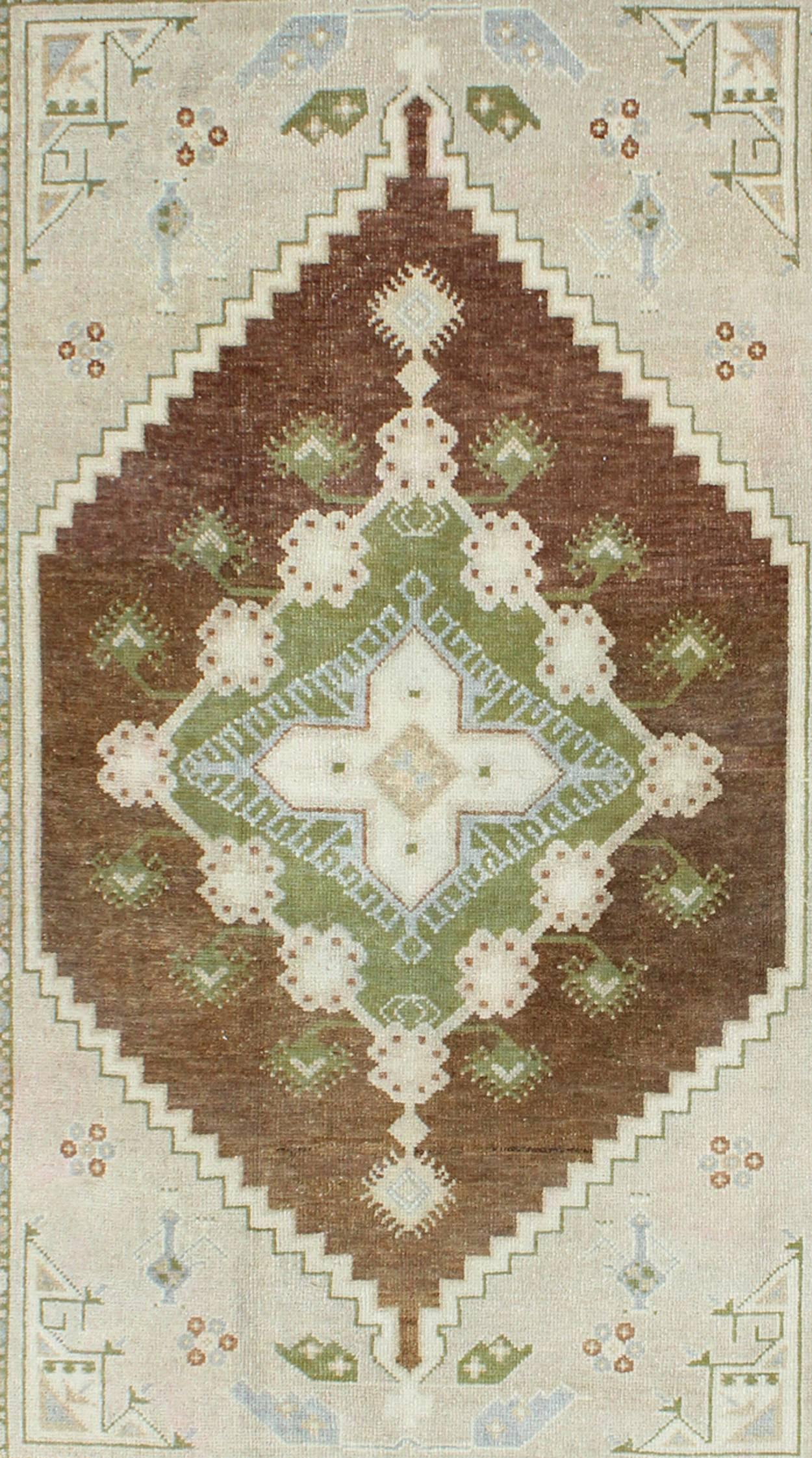 Hand-Knotted Vintage Turkish Oushak Rug with Diamond Medallions in Green, Taupe and Brown