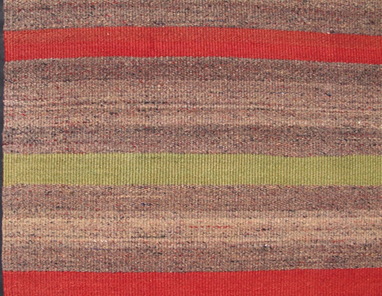Hand-Knotted Vintage Turkish Kilim Carpet with Light Green and Red Stripes For Sale